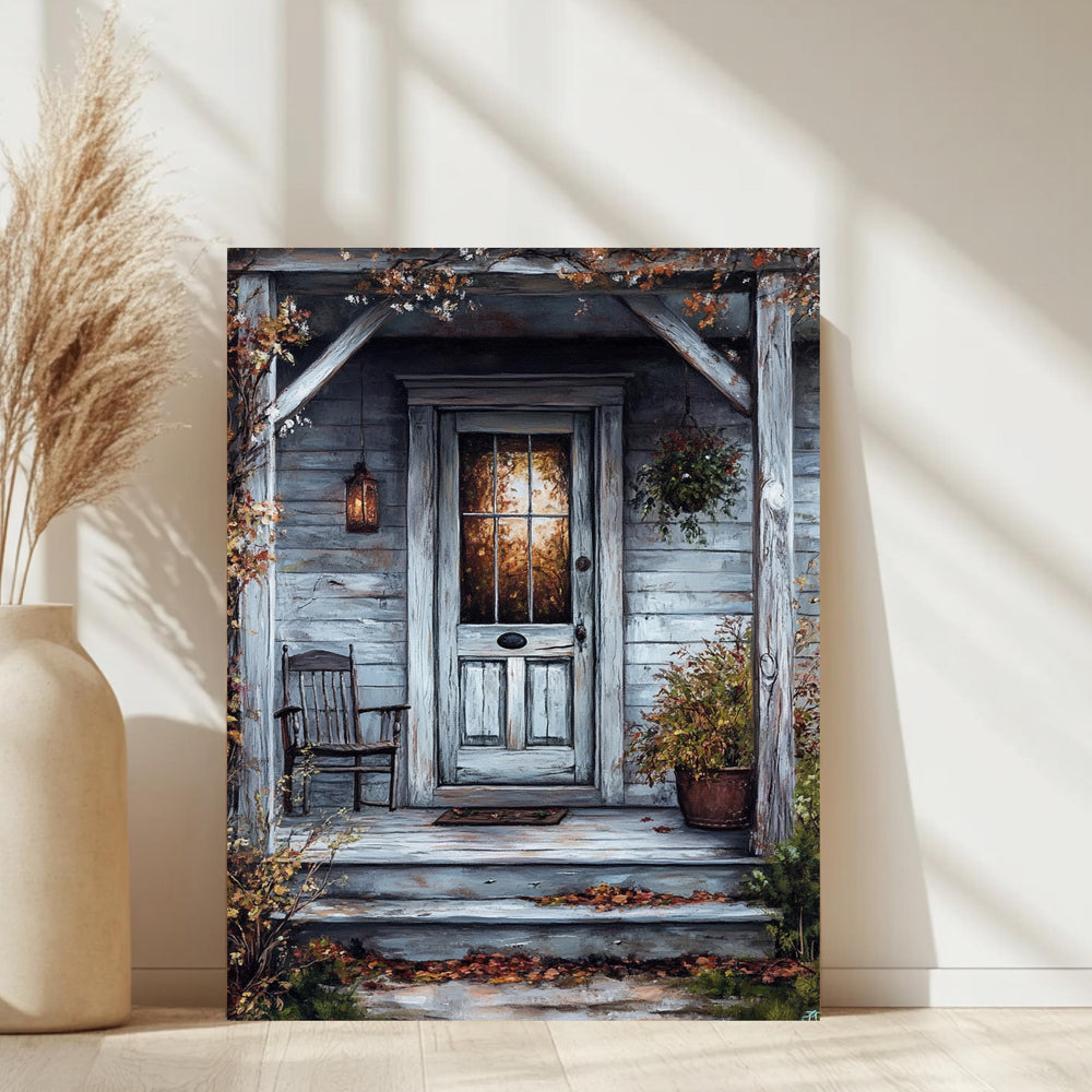 Rustic Autumn Porch Wall Art, Wooden Framed Canvas, Country Farmhouse Fall Print, Cozy Front Door Decor, Vintage Country Home Accent