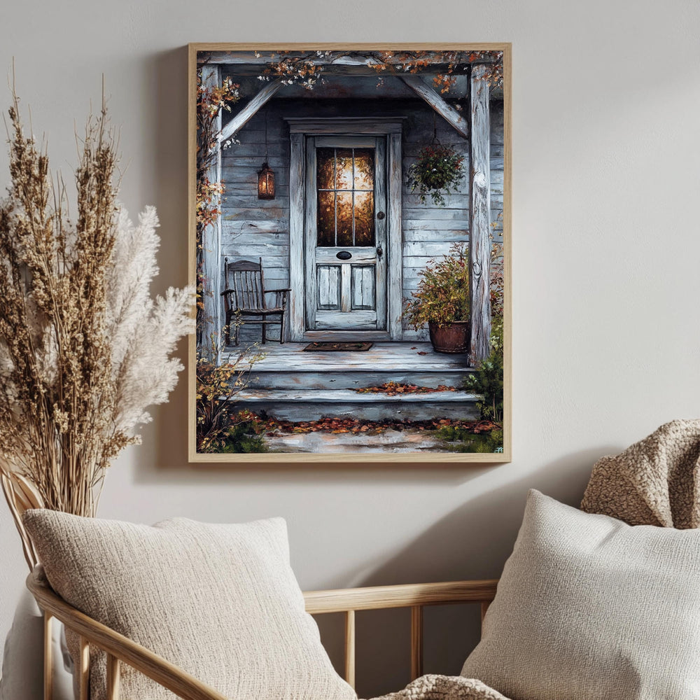 Rustic Autumn Porch Wall Art, Wooden Framed Canvas, Country Farmhouse Fall Print, Cozy Front Door Decor, Vintage Country Home Accent