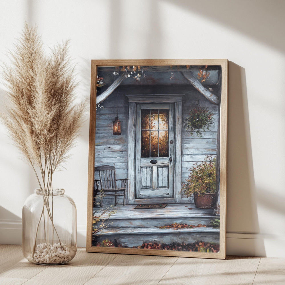 Rustic Autumn Porch Wall Art, Wooden Framed Canvas, Country Farmhouse Fall Print, Cozy Front Door Decor, Vintage Country Home Accent
