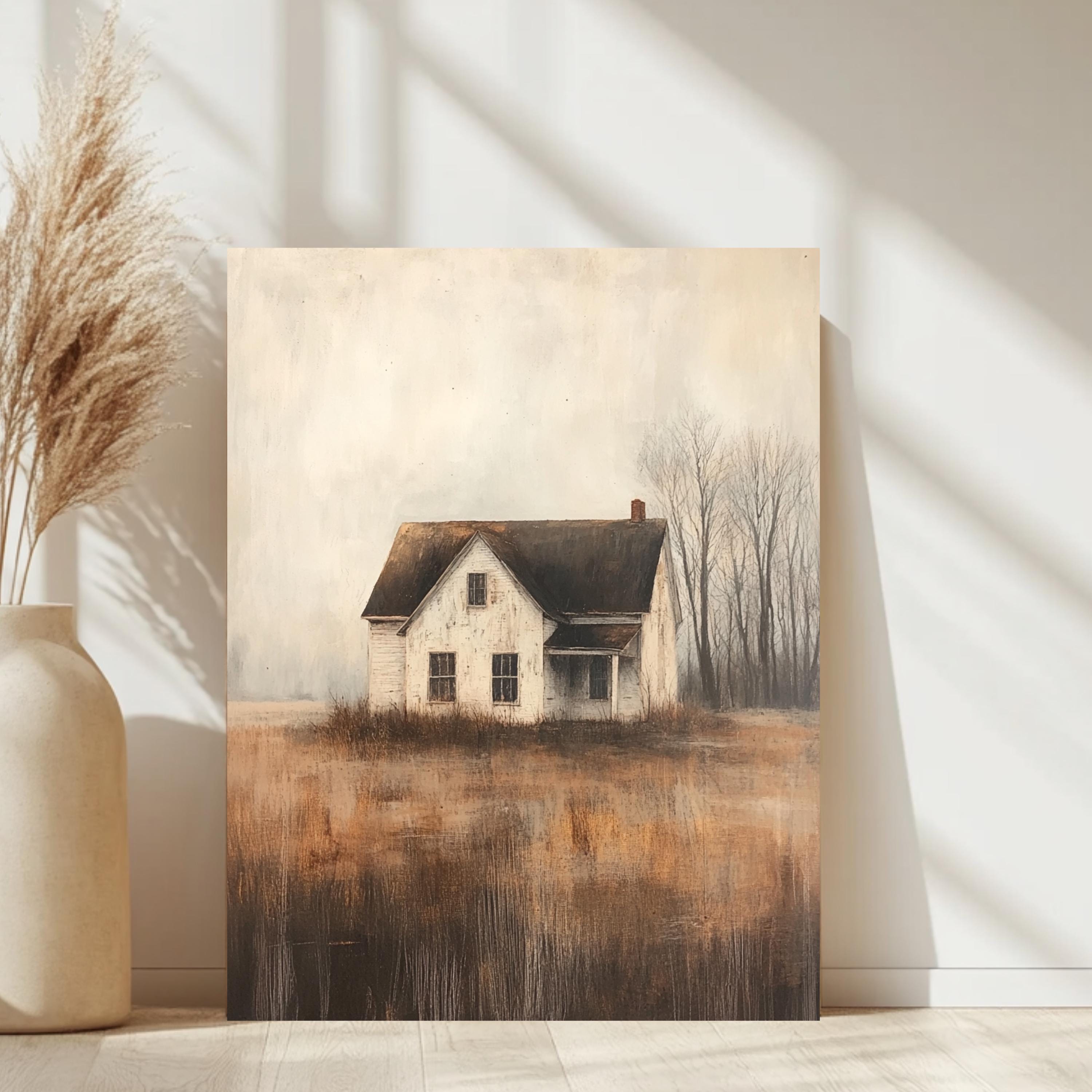 Abandoned Farmhouse Wall Art, Wooden Framed Canvas, Rustic Country House Print, Vintage Rural Landscape Decor, Moody Autumn Home Accent