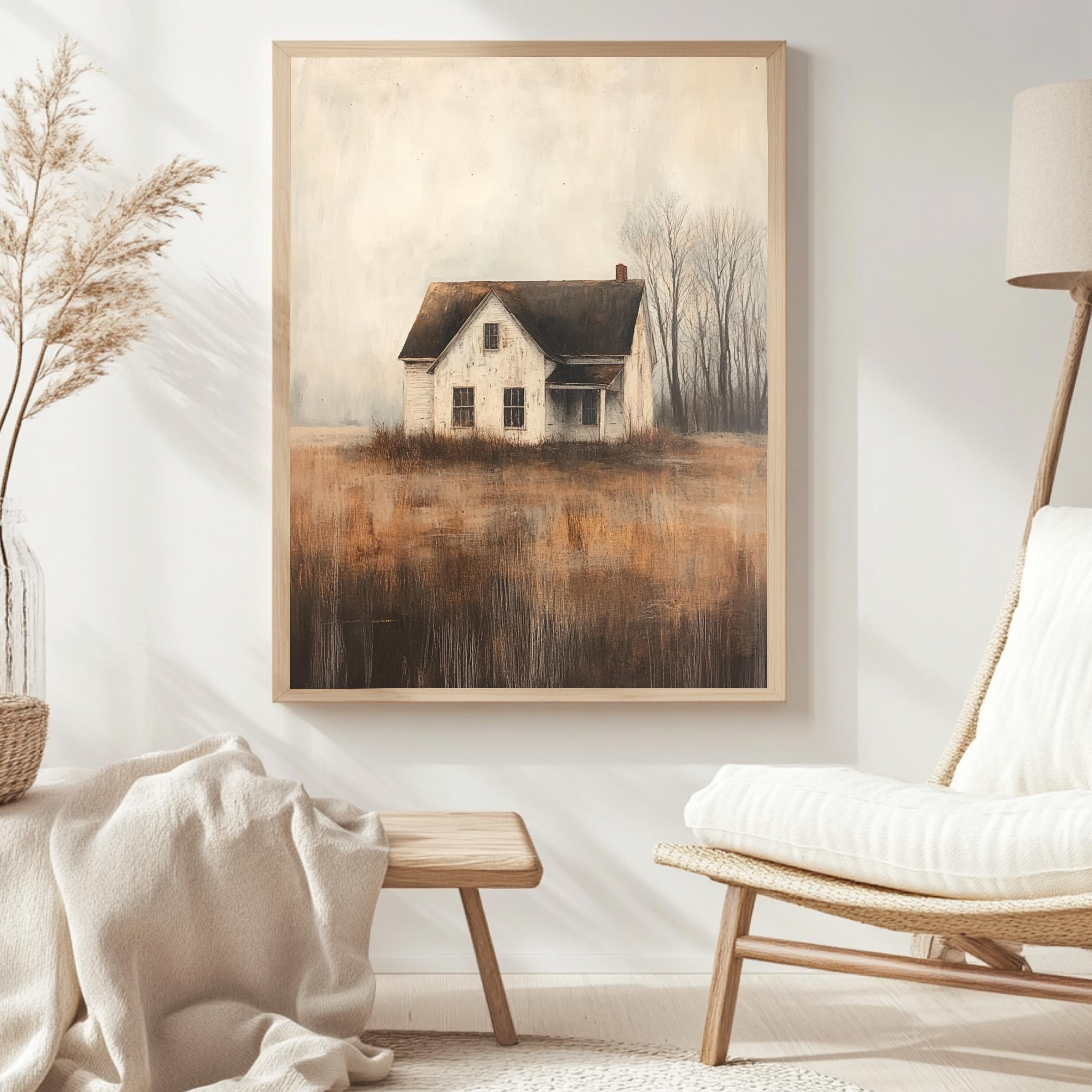 Abandoned Farmhouse Wall Art, Wooden Framed Canvas, Rustic Country House Print, Vintage Rural Landscape Decor, Moody Autumn Home Accent