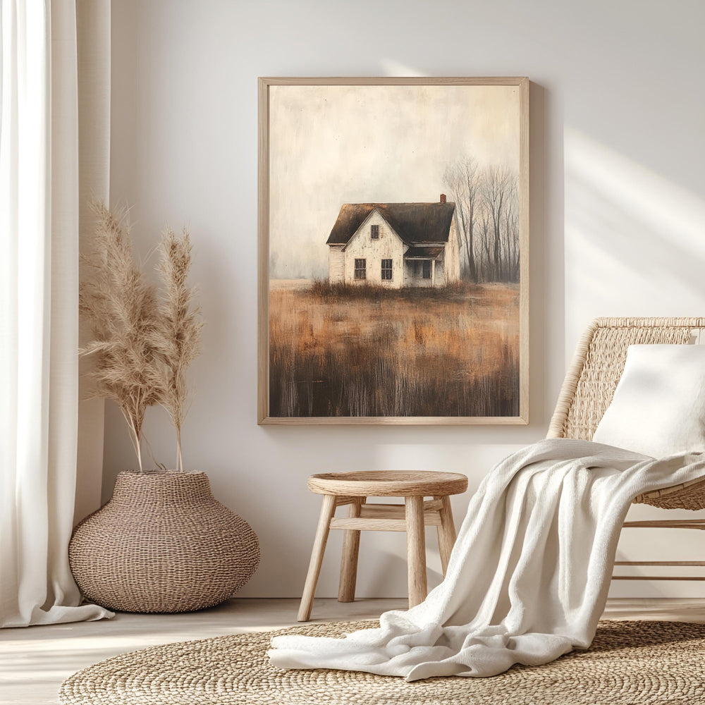Abandoned Farmhouse Wall Art, Wooden Framed Canvas, Rustic Country House Print, Vintage Rural Landscape Decor, Moody Autumn Home Accent