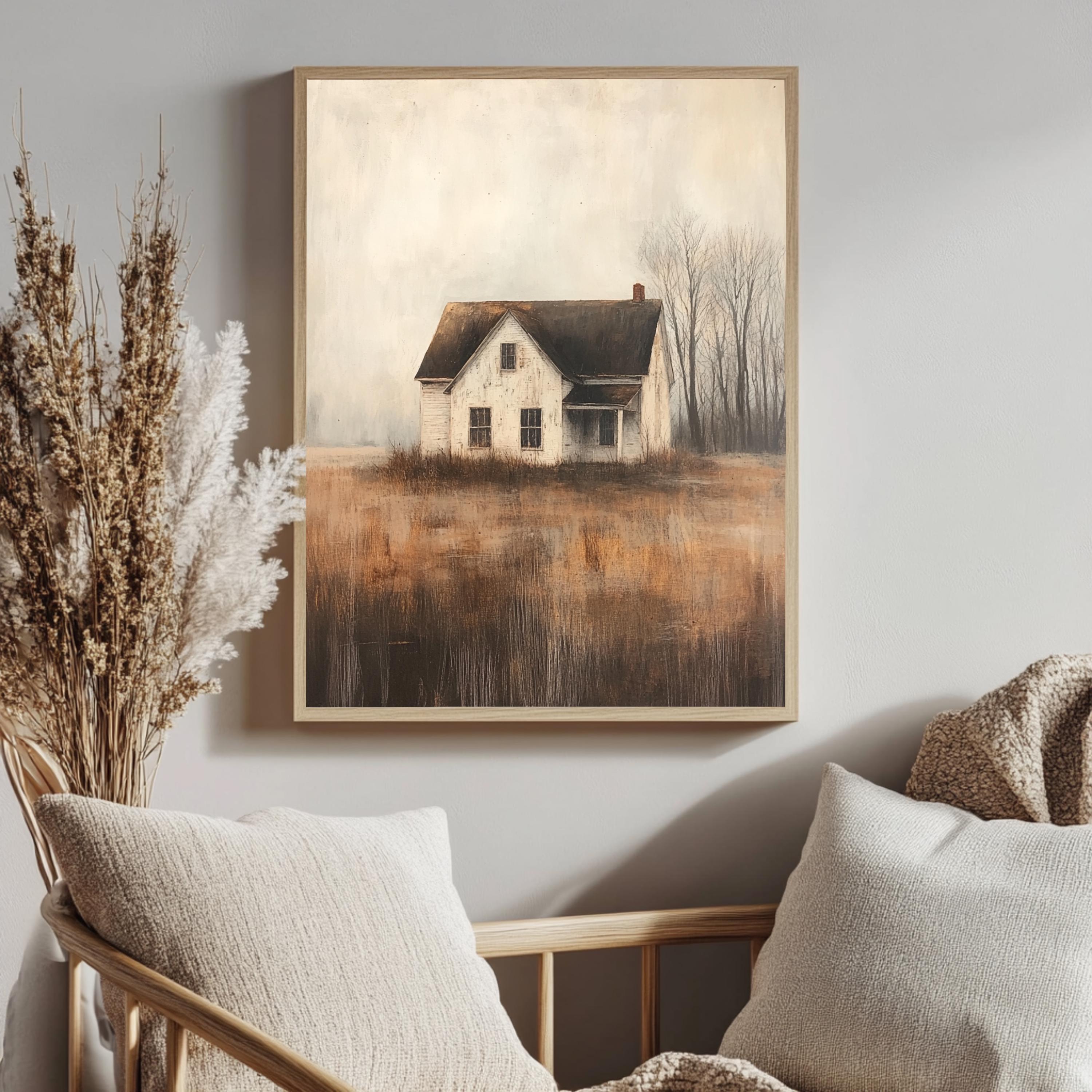 Abandoned Farmhouse Wall Art, Wooden Framed Canvas, Rustic Country House Print, Vintage Rural Landscape Decor, Moody Autumn Home Accent