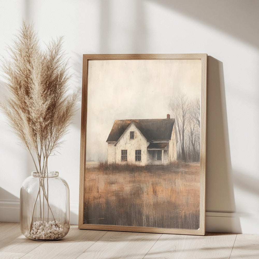 Abandoned Farmhouse Wall Art, Wooden Framed Canvas, Rustic Country House Print, Vintage Rural Landscape Decor, Moody Autumn Home Accent