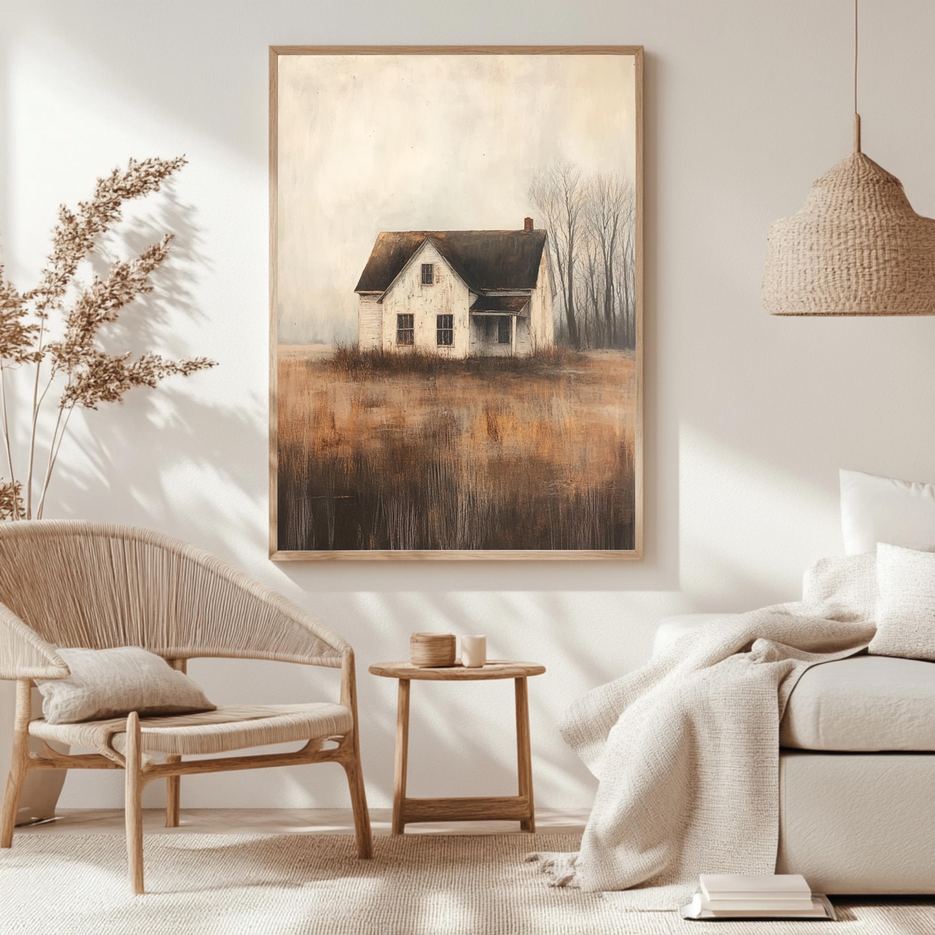 Abandoned Farmhouse Wall Art, Wooden Framed Canvas, Rustic Country House Print, Vintage Rural Landscape Decor, Moody Autumn Home Accent