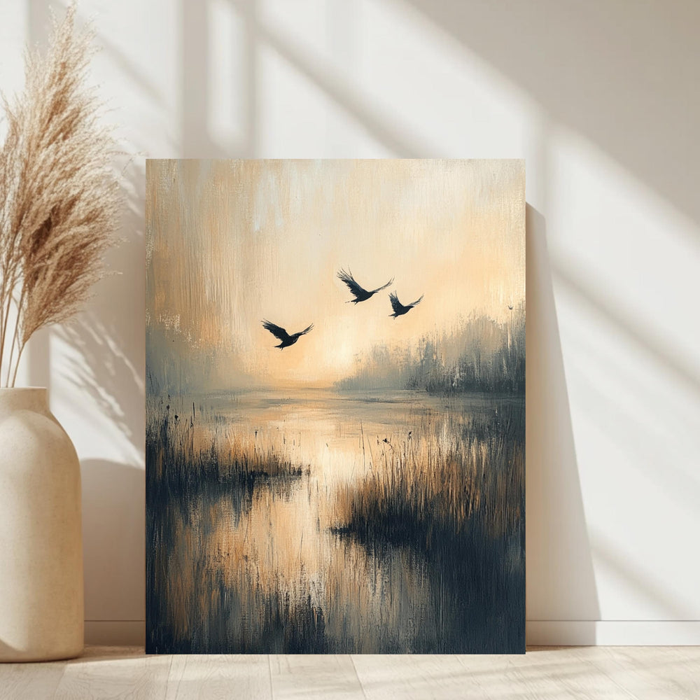 Flying Birds Wall Art, Wooden Framed Canvas, Rustic Nature Sunset Print, Minimalist Wildlife Home Decor, Serene Landscape Accent