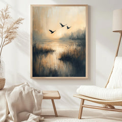 Flying Birds Wall Art, Wooden Framed Canvas, Rustic Nature Sunset Print, Minimalist Wildlife Home Decor, Serene Landscape Accent