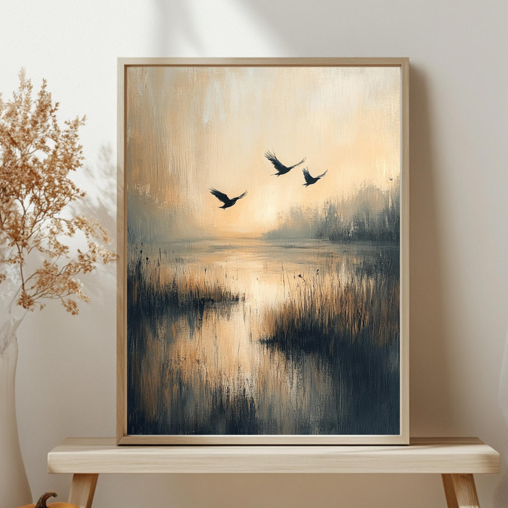 Flying Birds Wall Art, Wooden Framed Canvas, Rustic Nature Sunset Print, Minimalist Wildlife Home Decor, Serene Landscape Accent