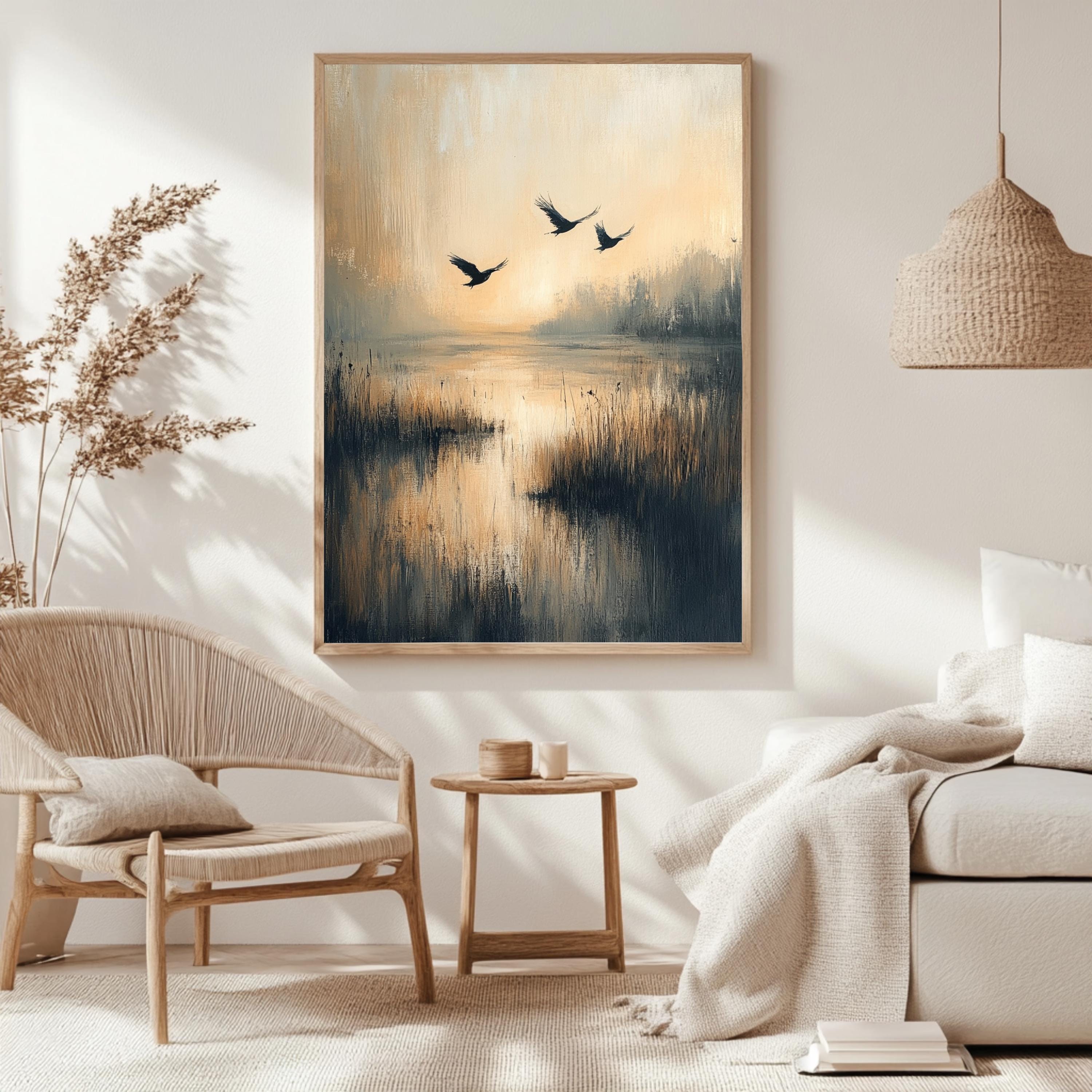 Flying Birds Wall Art, Wooden Framed Canvas, Rustic Nature Sunset Print, Minimalist Wildlife Home Decor, Serene Landscape Accent