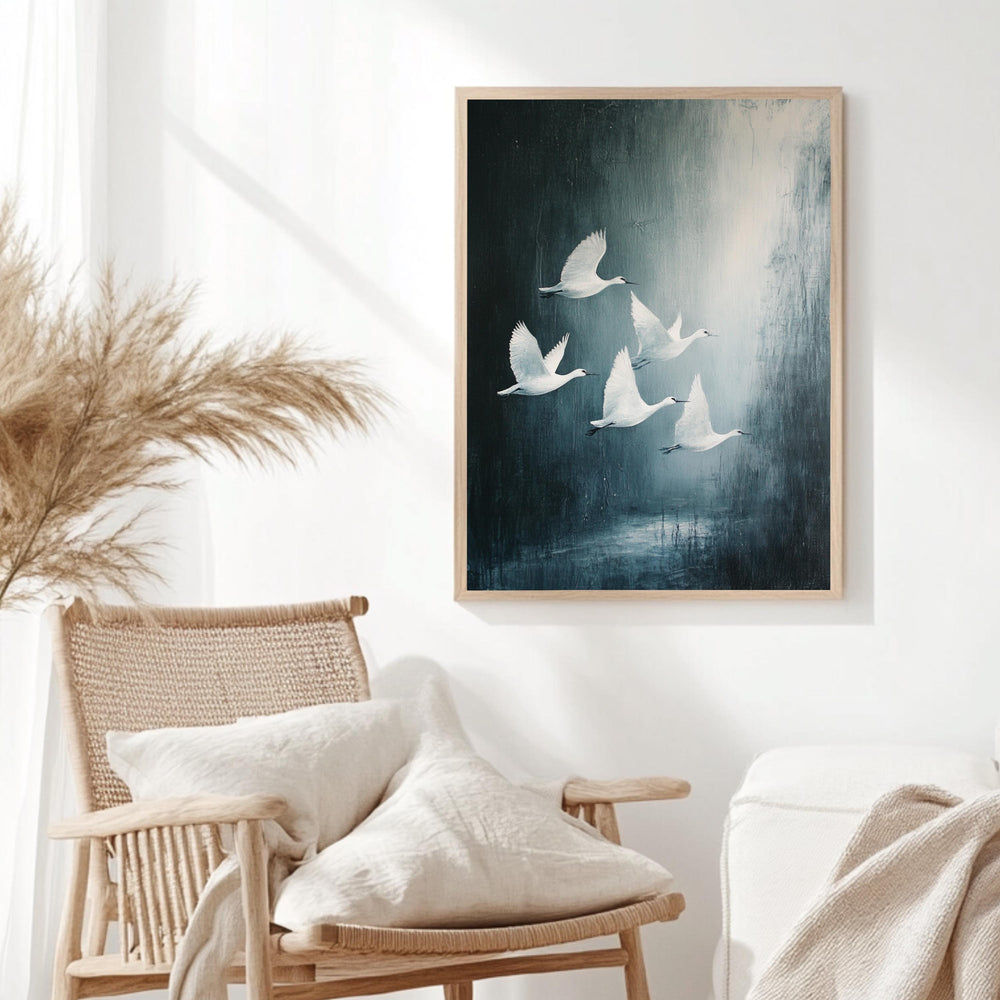 White Swan Wall Art, Wooden Framed Canvas, Minimalist Wildlife Nature Print, Elegant Swan Flock Home Decor, Modern Bird Home Accent