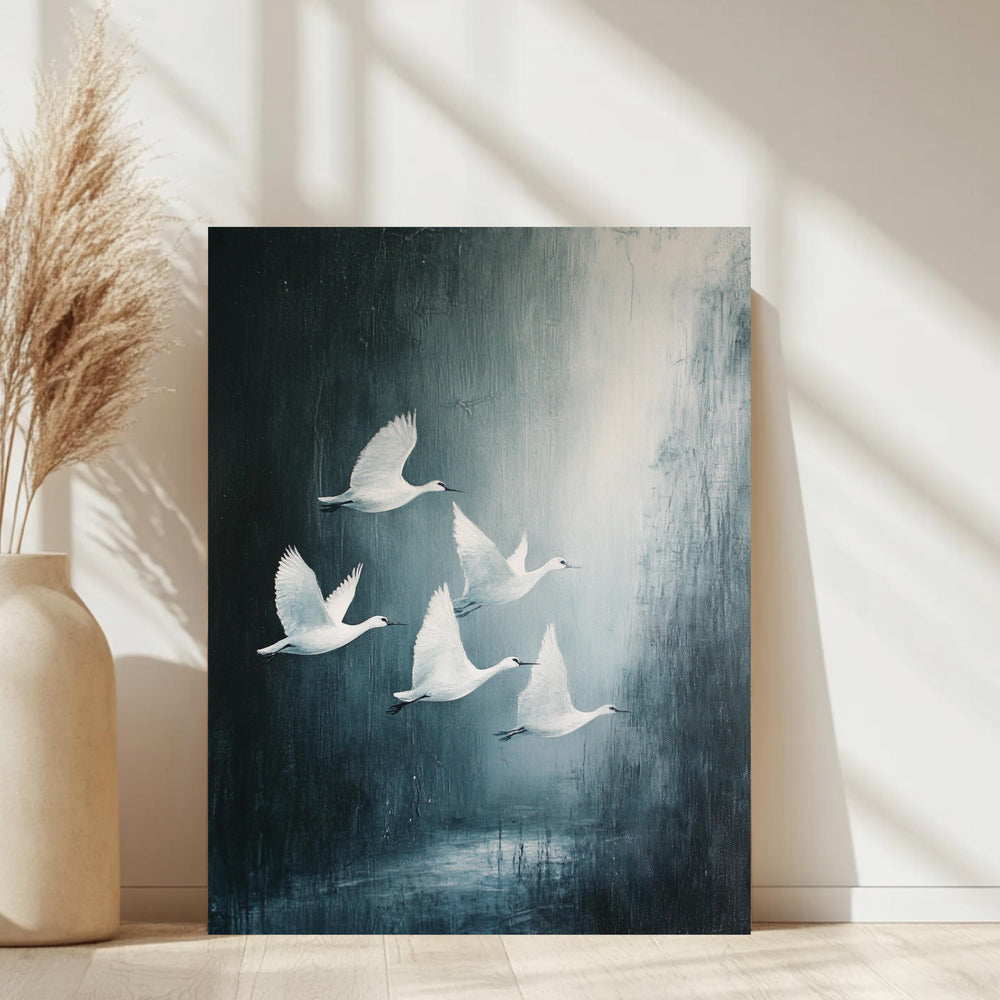 White Swan Wall Art, Wooden Framed Canvas, Minimalist Wildlife Nature Print, Elegant Swan Flock Home Decor, Modern Bird Home Accent