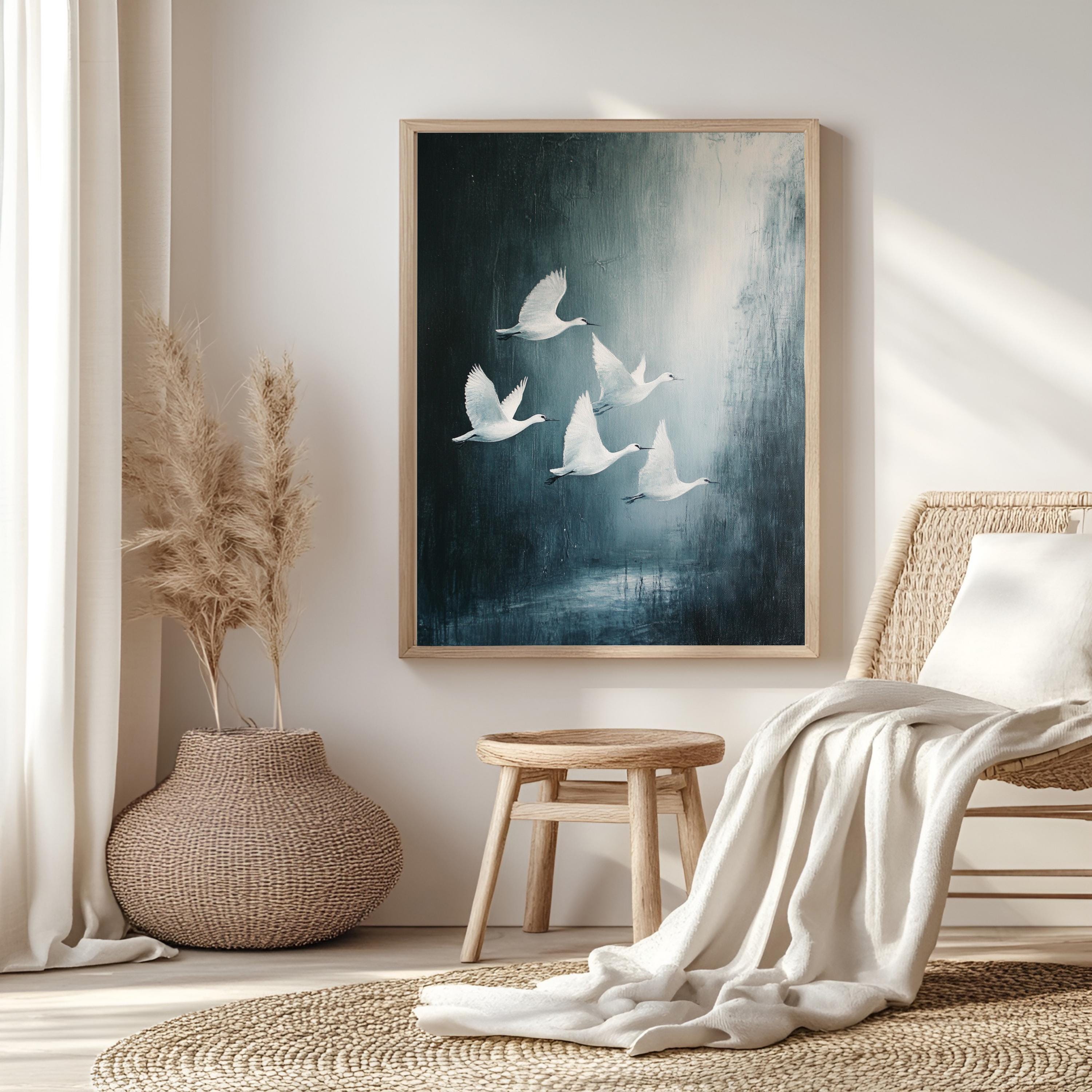 White Swan Wall Art, Wooden Framed Canvas, Minimalist Wildlife Nature Print, Elegant Swan Flock Home Decor, Modern Bird Home Accent