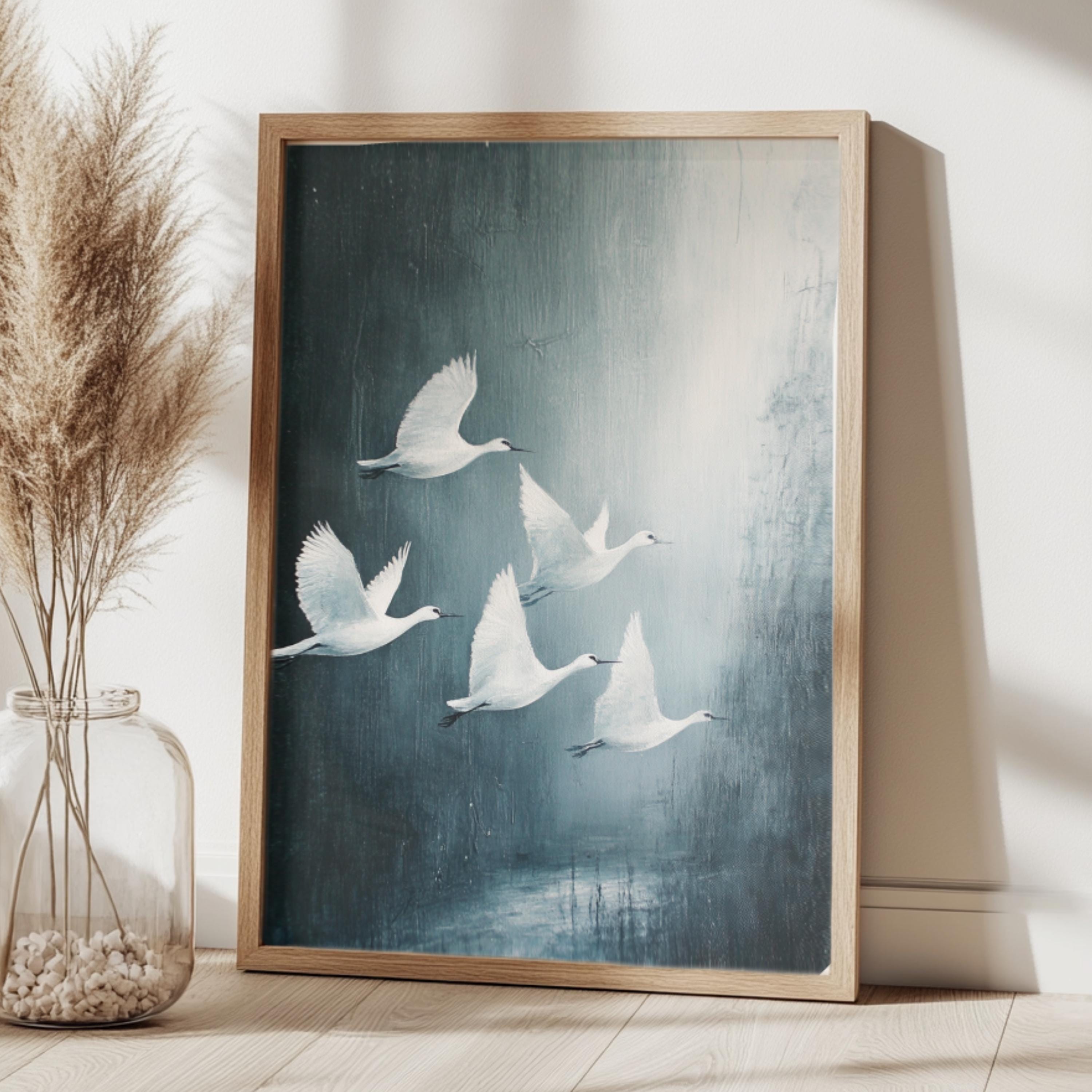 White Swan Wall Art, Wooden Framed Canvas, Minimalist Wildlife Nature Print, Elegant Swan Flock Home Decor, Modern Bird Home Accent