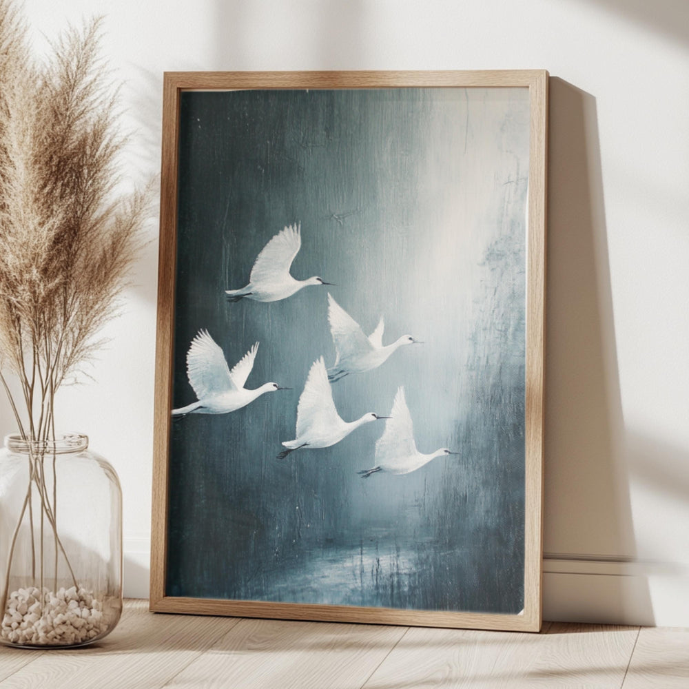 White Swan Wall Art, Wooden Framed Canvas, Minimalist Wildlife Nature Print, Elegant Swan Flock Home Decor, Modern Bird Home Accent