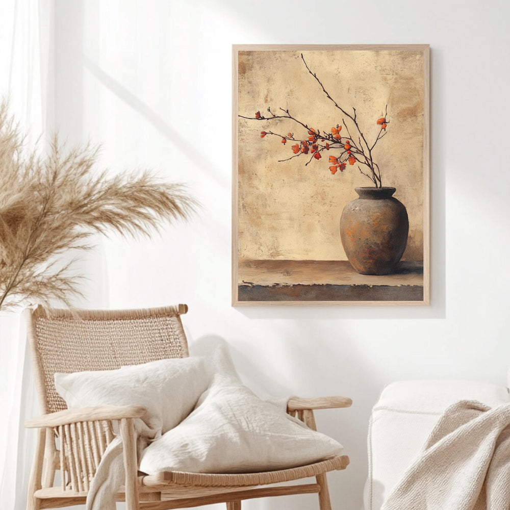 Rustic Vase Wall Art, Wooden Framed Canvas, Minimalist Autumn Branch Print, Neutral Botanical Home Decor, Vintage Still Life Accent