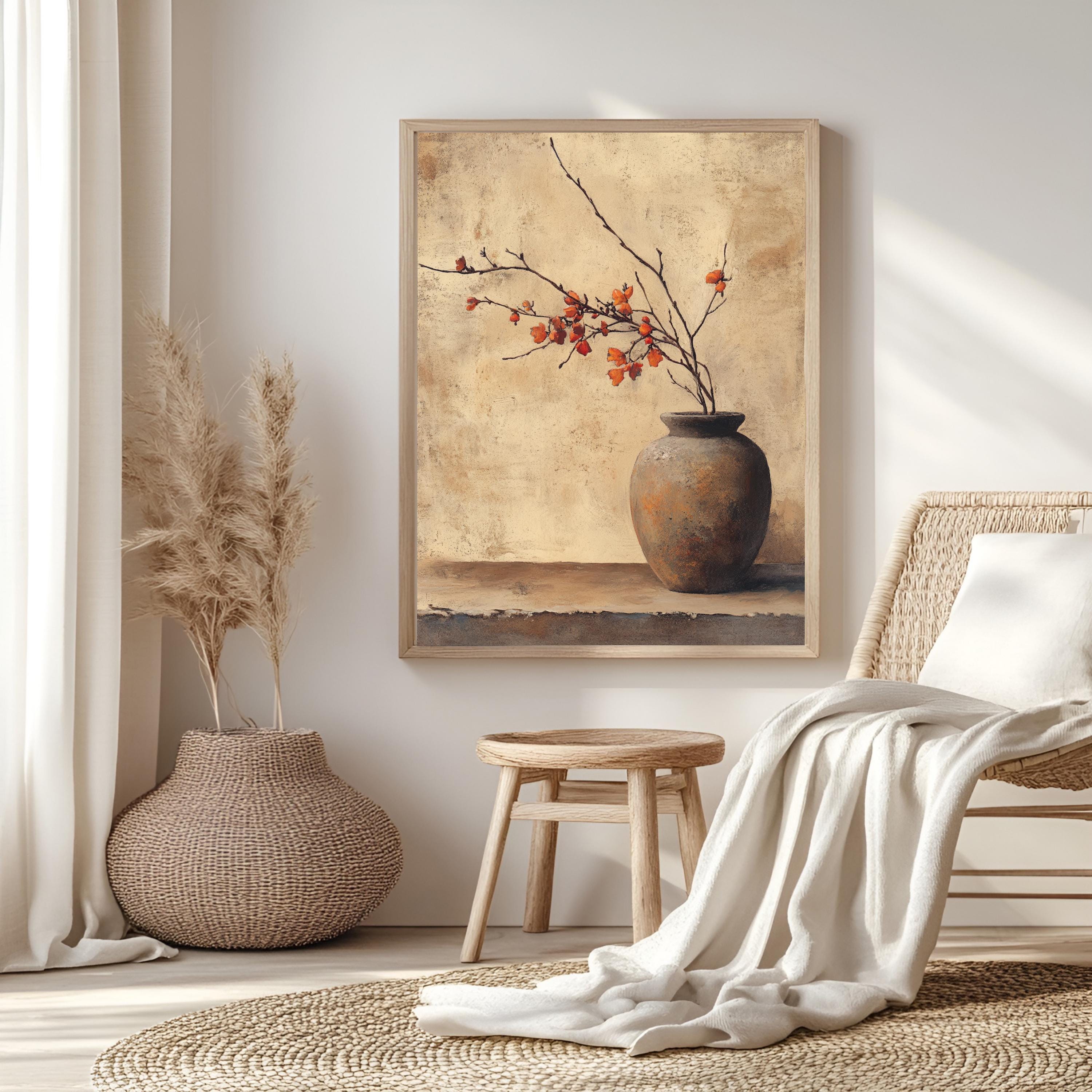Rustic Vase Wall Art, Wooden Framed Canvas, Minimalist Autumn Branch Print, Neutral Botanical Home Decor, Vintage Still Life Accent