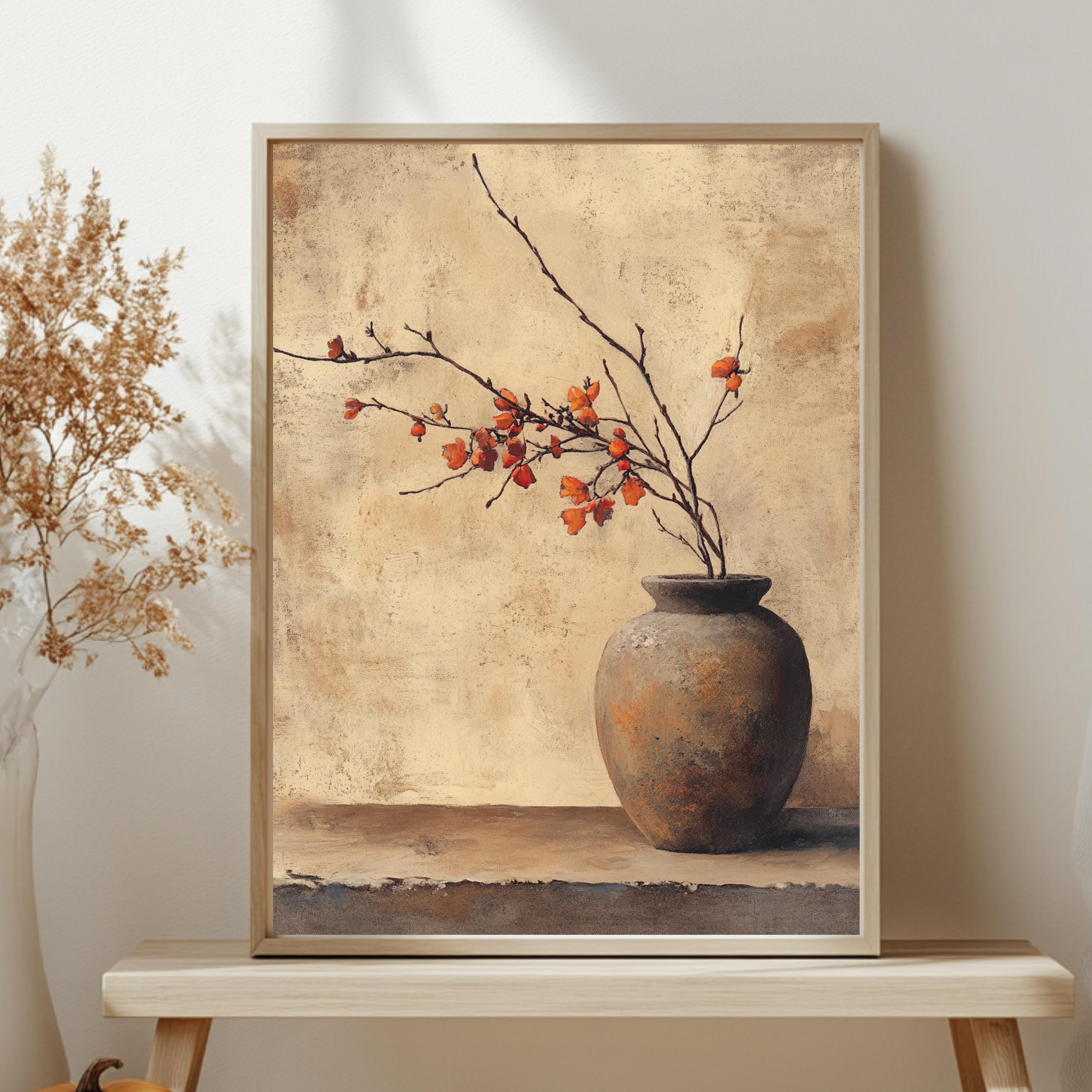 Rustic Vase Wall Art, Wooden Framed Canvas, Minimalist Autumn Branch Print, Neutral Botanical Home Decor, Vintage Still Life Accent