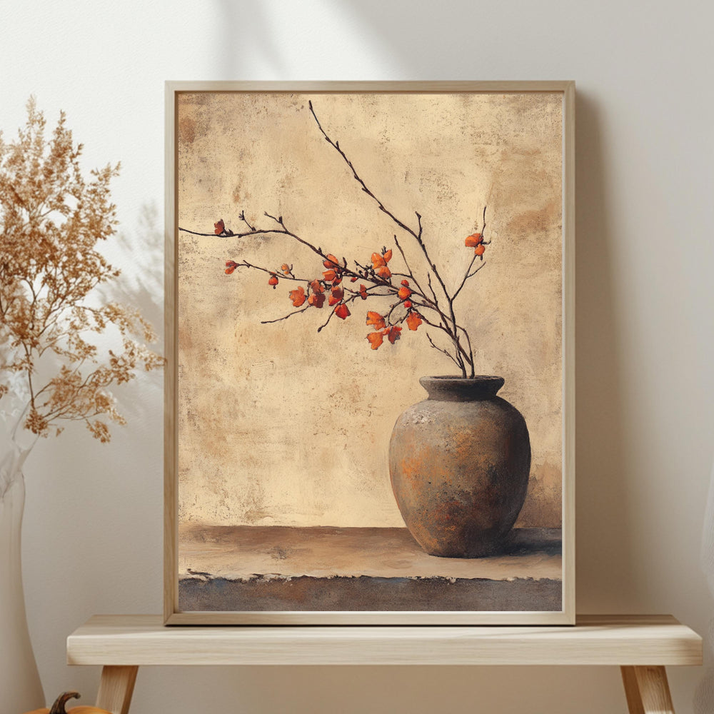 Rustic Vase Wall Art, Wooden Framed Canvas, Minimalist Autumn Branch Print, Neutral Botanical Home Decor, Vintage Still Life Accent