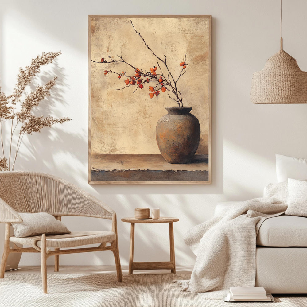 Rustic Vase Wall Art, Wooden Framed Canvas, Minimalist Autumn Branch Print, Neutral Botanical Home Decor, Vintage Still Life Accent