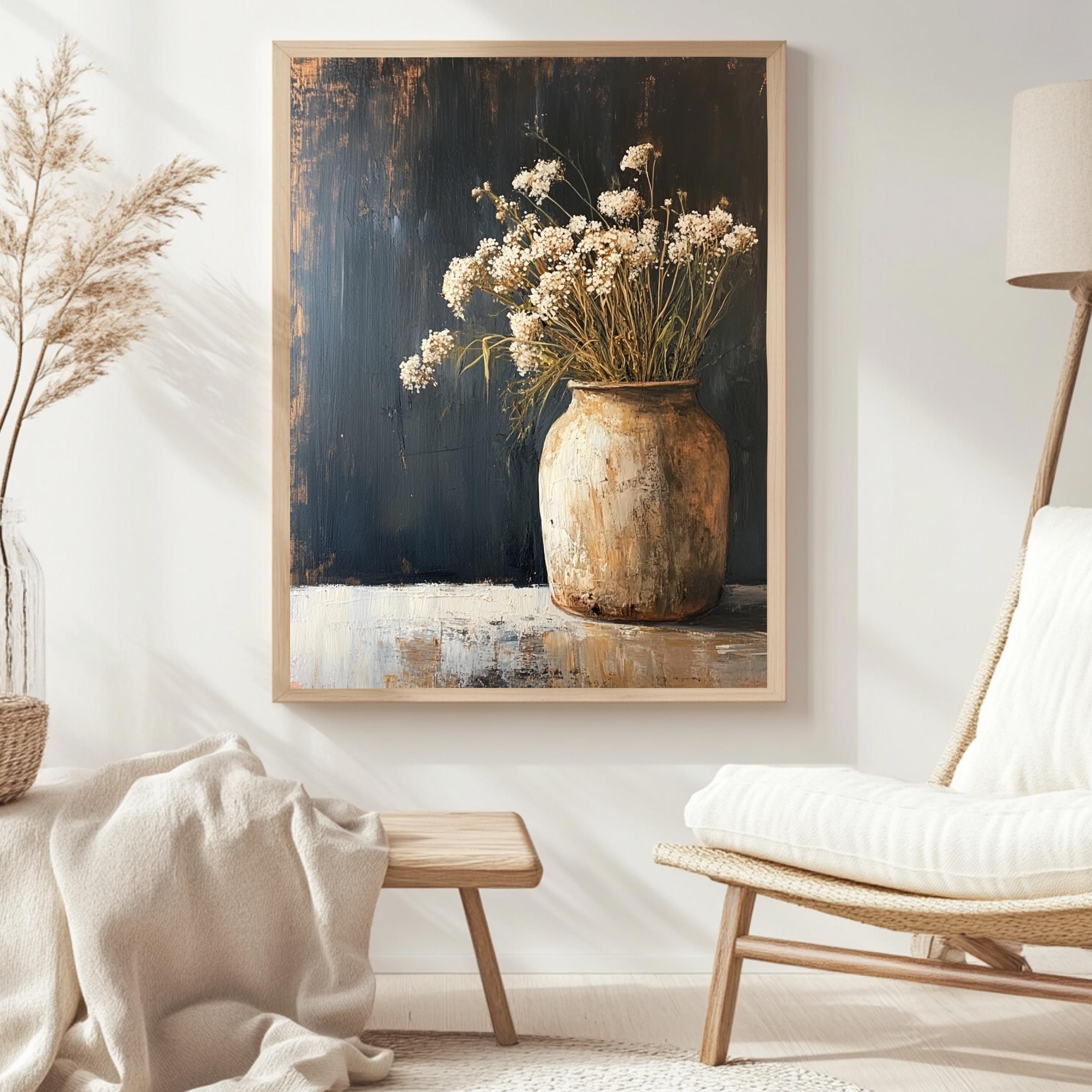 Rustic Flower Vase Wall Art, Wooden Framed Canvas, Neutral Dried Flowers Print, Vintage Botanical Still Life Decor, Country Farmhouse Accent