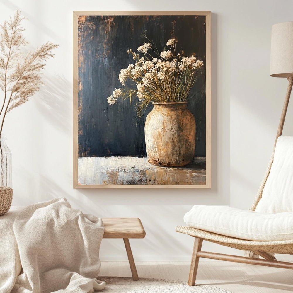 Rustic Flower Vase Wall Art, Wooden Framed Canvas, Neutral Dried Flowers Print, Vintage Botanical Still Life Decor, Country Farmhouse Accent