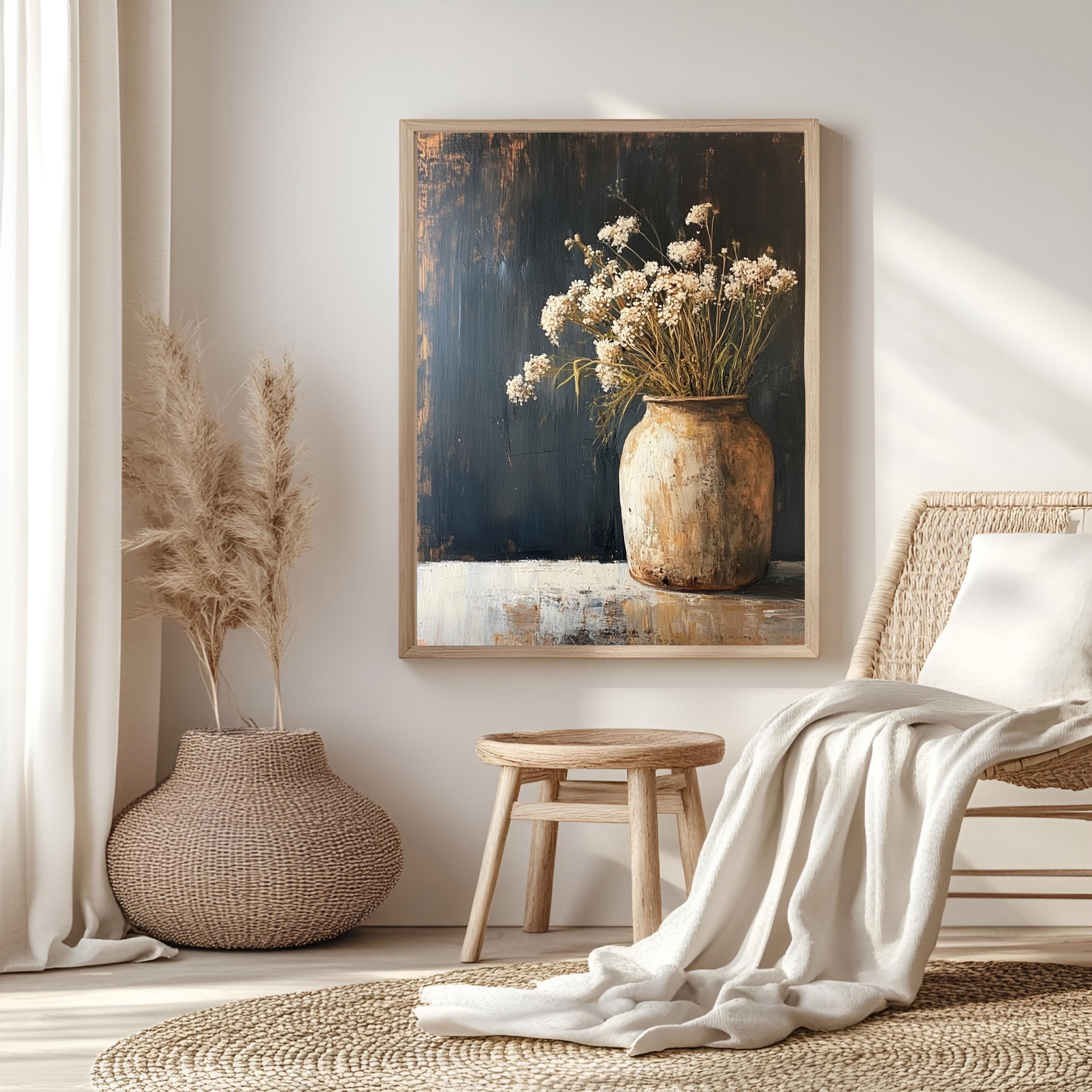 Rustic Flower Vase Wall Art, Wooden Framed Canvas, Neutral Dried Flowers Print, Vintage Botanical Still Life Decor, Country Farmhouse Accent