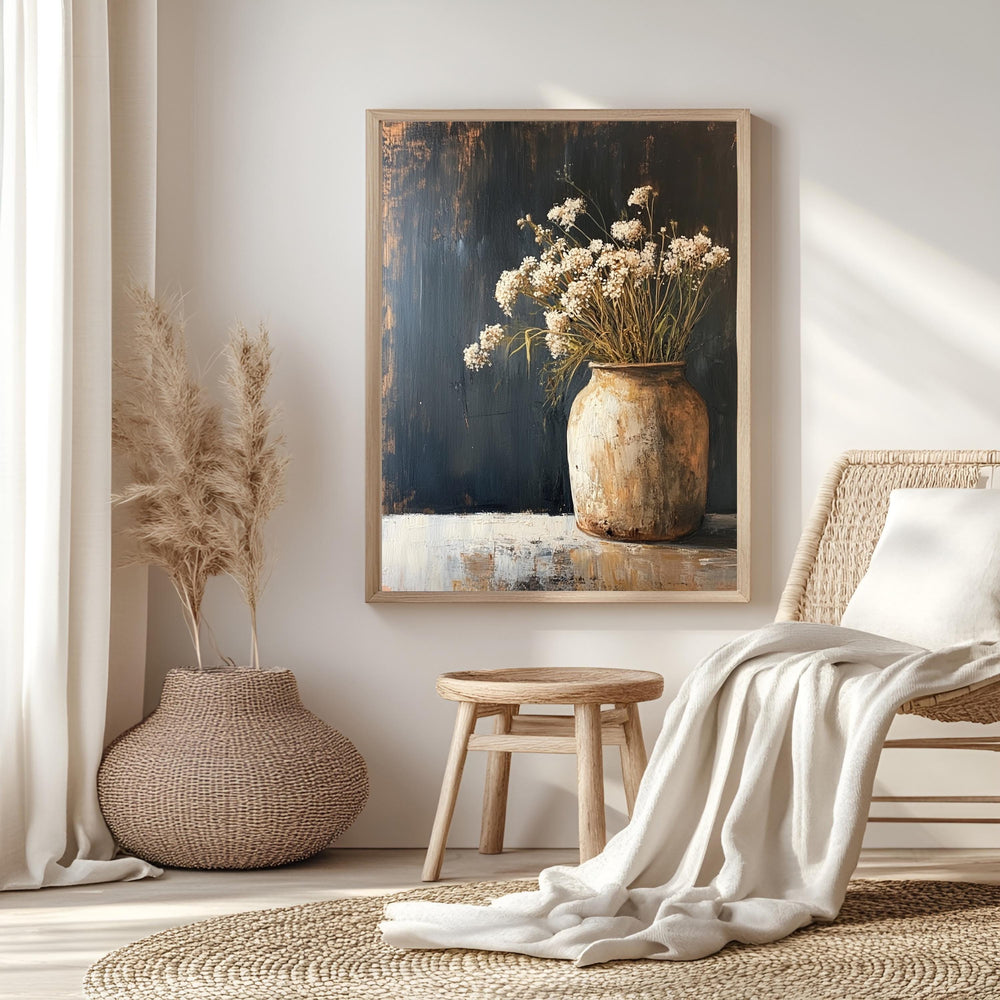 Rustic Flower Vase Wall Art, Wooden Framed Canvas, Neutral Dried Flowers Print, Vintage Botanical Still Life Decor, Country Farmhouse Accent