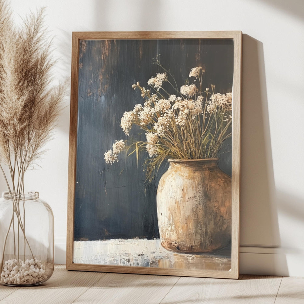 Rustic Flower Vase Wall Art, Wooden Framed Canvas, Neutral Dried Flowers Print, Vintage Botanical Still Life Decor, Country Farmhouse Accent