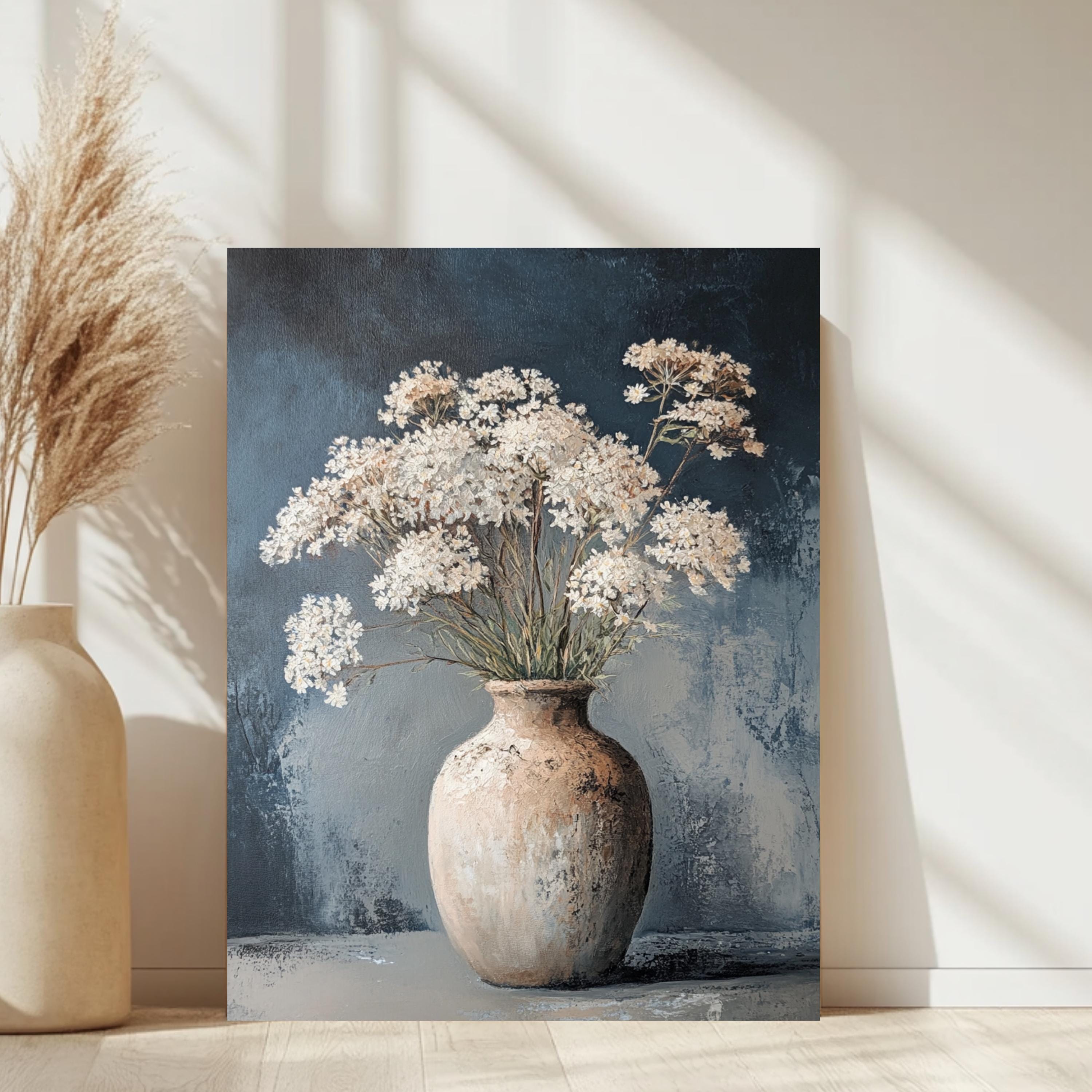 Vintage Vase Wall Art, Wooden Framed Canvas, Neutral White Flowers Print, Vintage Botanical Still Life Decor, Country Farmhouse Accent