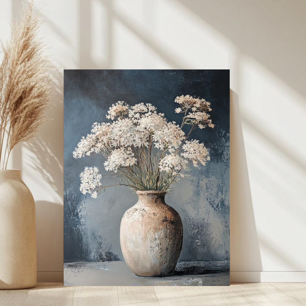 Vintage Vase Wall Art, Wooden Framed Canvas, Neutral White Flowers Print, Vintage Botanical Still Life Decor, Country Farmhouse Accent