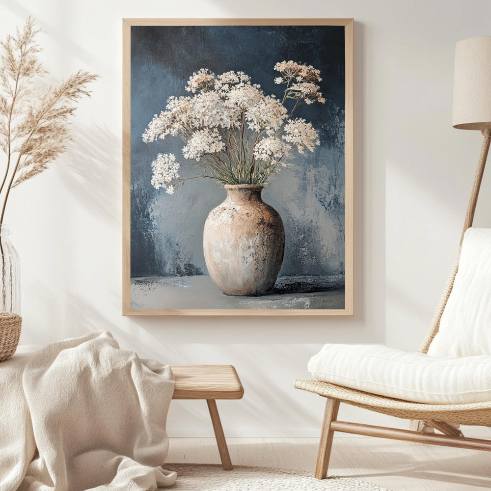Vintage Vase Wall Art, Wooden Framed Canvas, Neutral White Flowers Print, Vintage Botanical Still Life Decor, Country Farmhouse Accent
