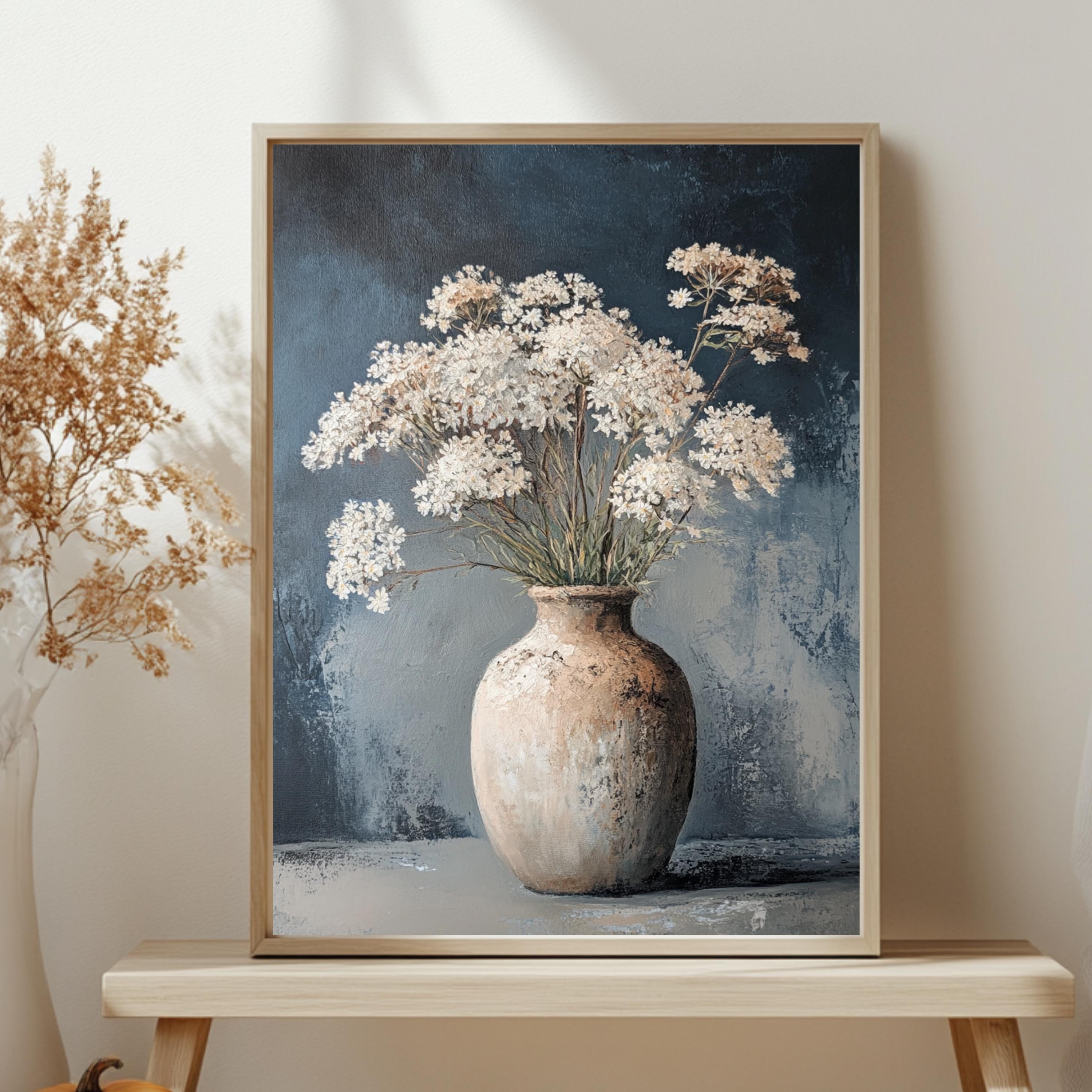 Vintage Vase Wall Art, Wooden Framed Canvas, Neutral White Flowers Print, Vintage Botanical Still Life Decor, Country Farmhouse Accent