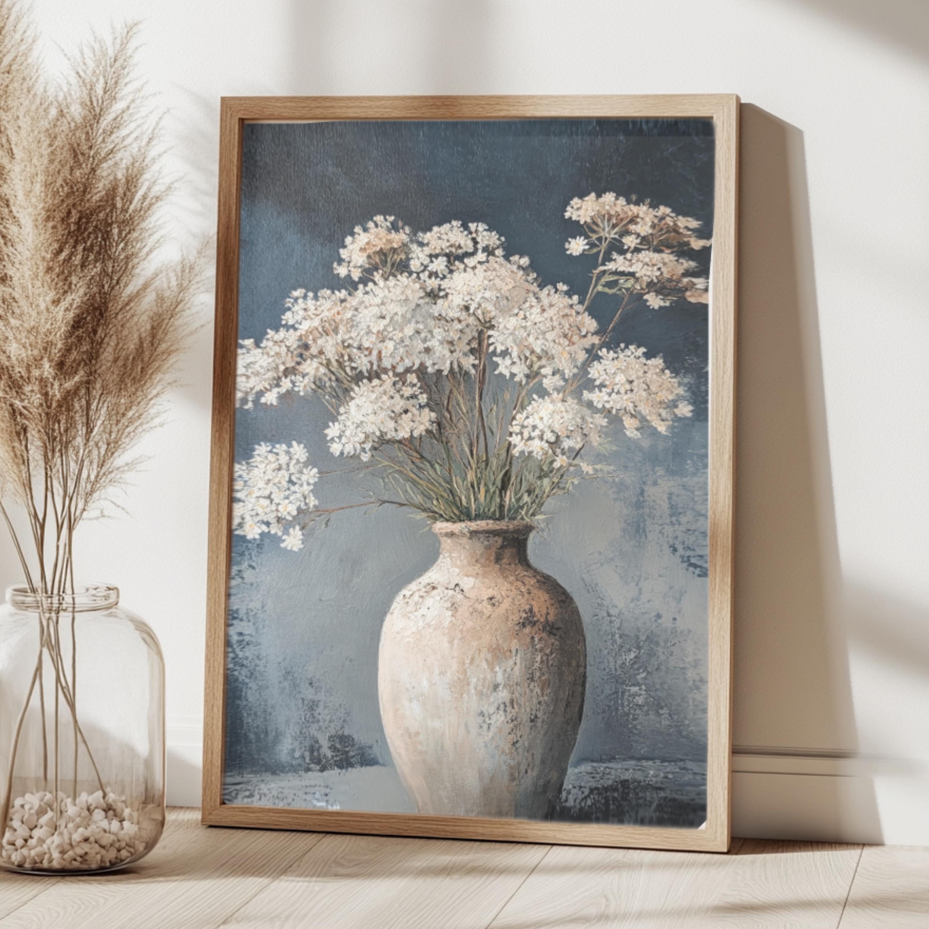 Vintage Vase Wall Art, Wooden Framed Canvas, Neutral White Flowers Print, Vintage Botanical Still Life Decor, Country Farmhouse Accent
