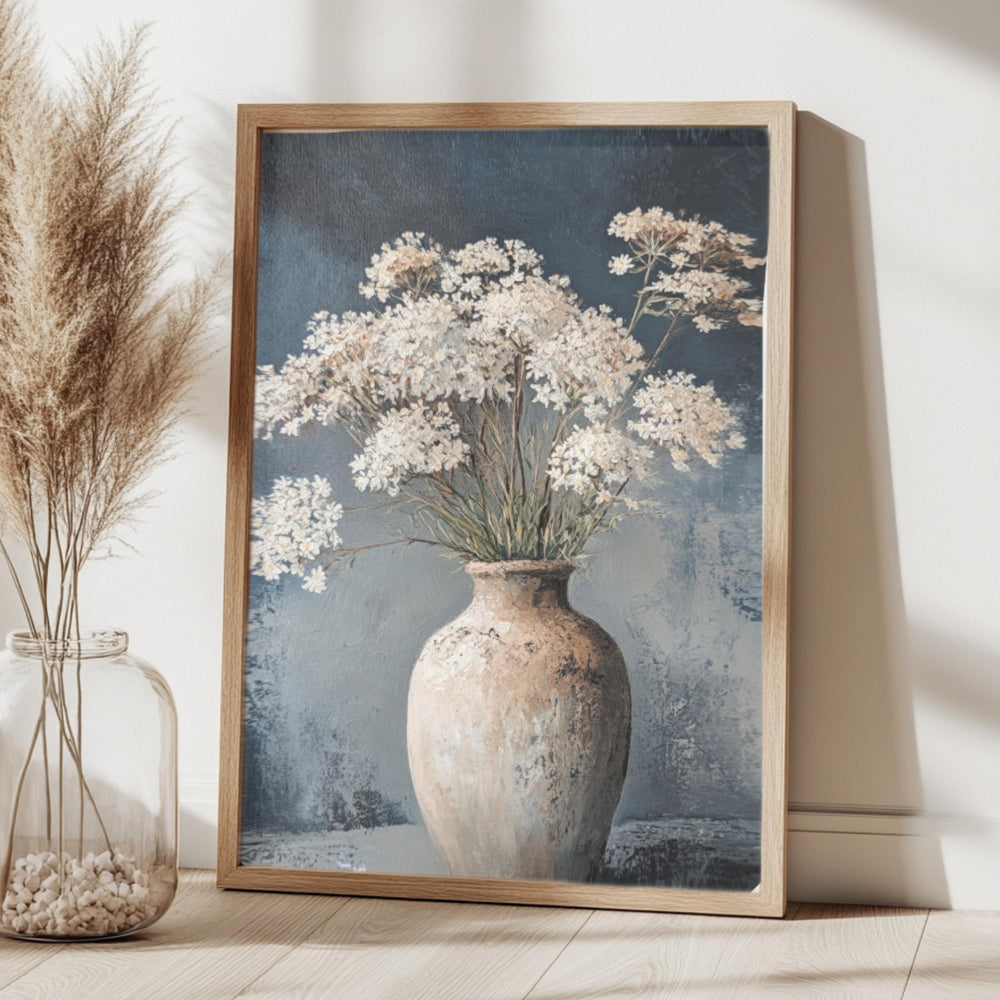 Vintage Vase Wall Art, Wooden Framed Canvas, Neutral White Flowers Print, Vintage Botanical Still Life Decor, Country Farmhouse Accent