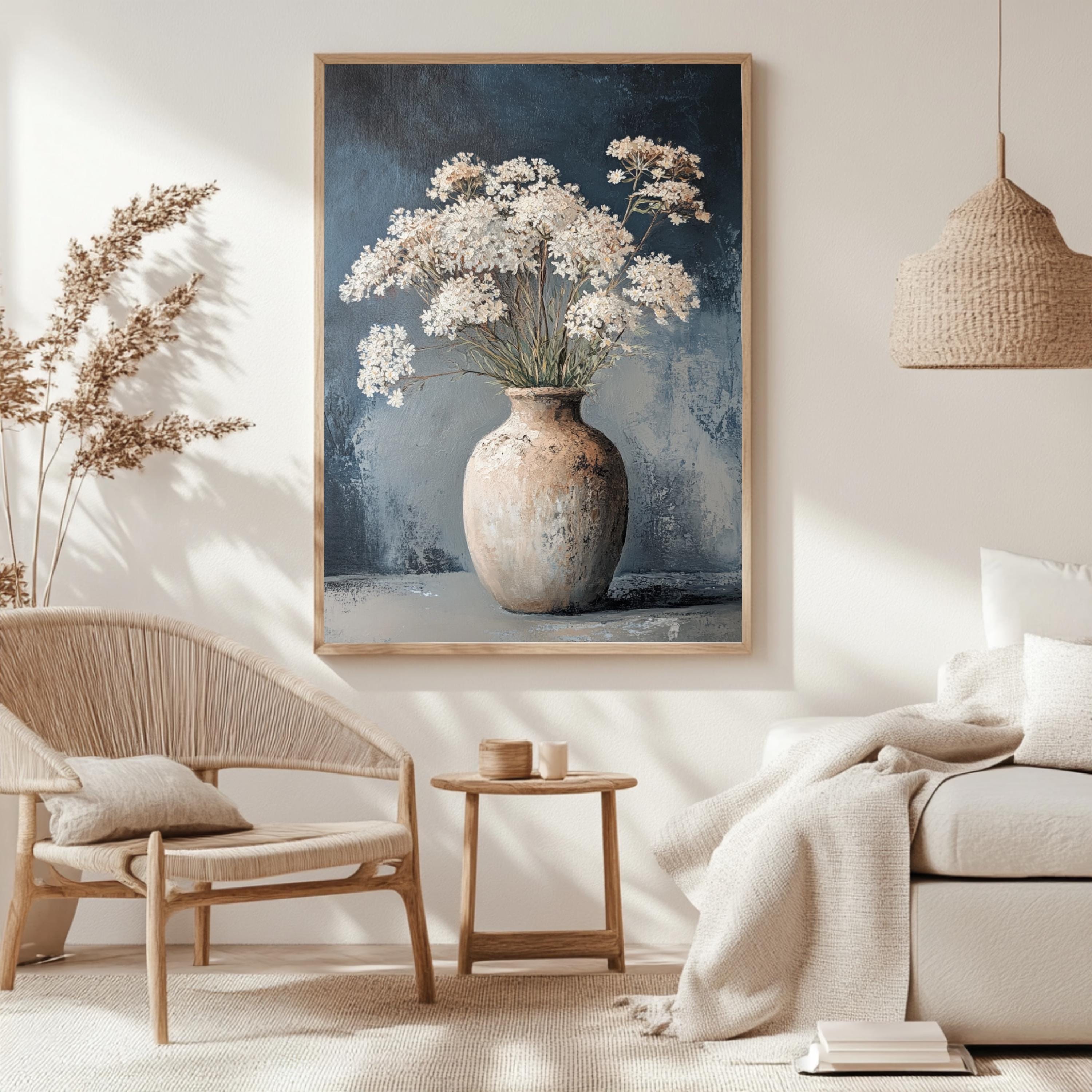 Vintage Vase Wall Art, Wooden Framed Canvas, Neutral White Flowers Print, Vintage Botanical Still Life Decor, Country Farmhouse Accent