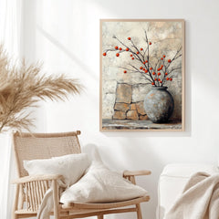 Vintage Stone Vase Wall Art, Wooden Framed Canvas, Rustic Orange Berry Branch Print, Country Farmhouse Decor, Cozy Home Accent