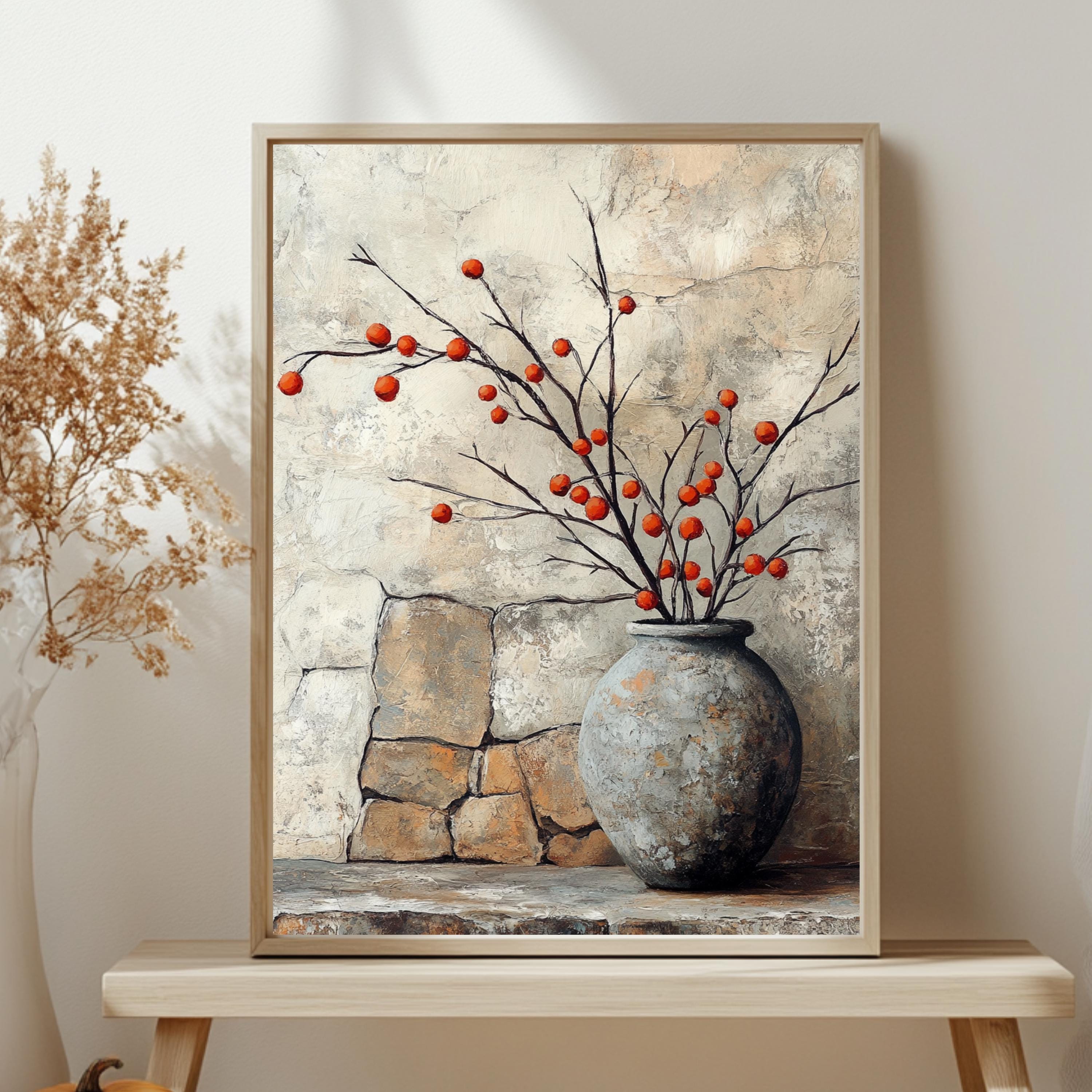 Vintage Stone Vase Wall Art, Wooden Framed Canvas, Rustic Orange Berry Branch Print, Country Farmhouse Decor, Cozy Home Accent