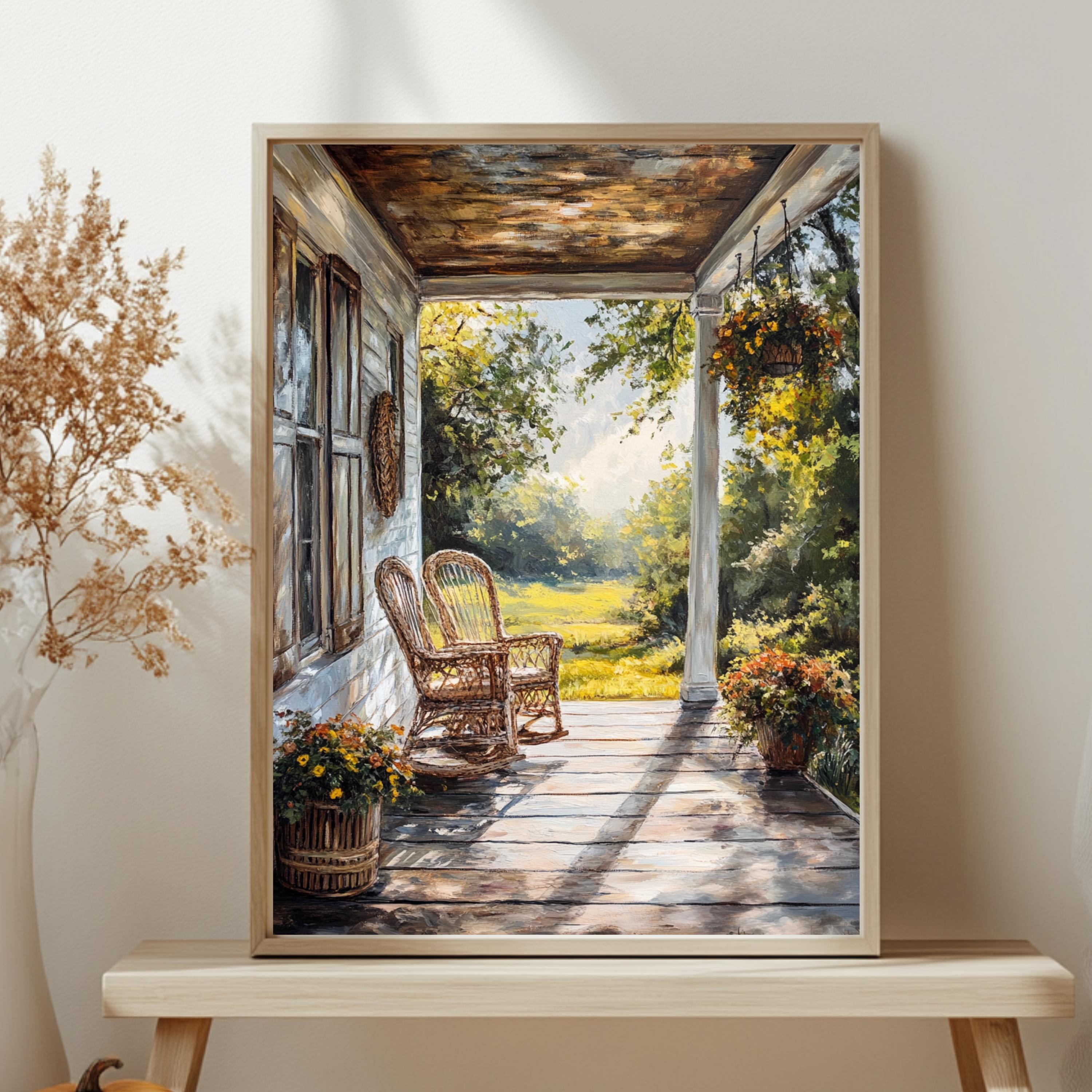Rustic Porch Wall Art, Wooden Framed Canvas, Rustic Country Wicker Chair Print, Farmhouse Summer Veranda Decor, Cozy Country Home Accent