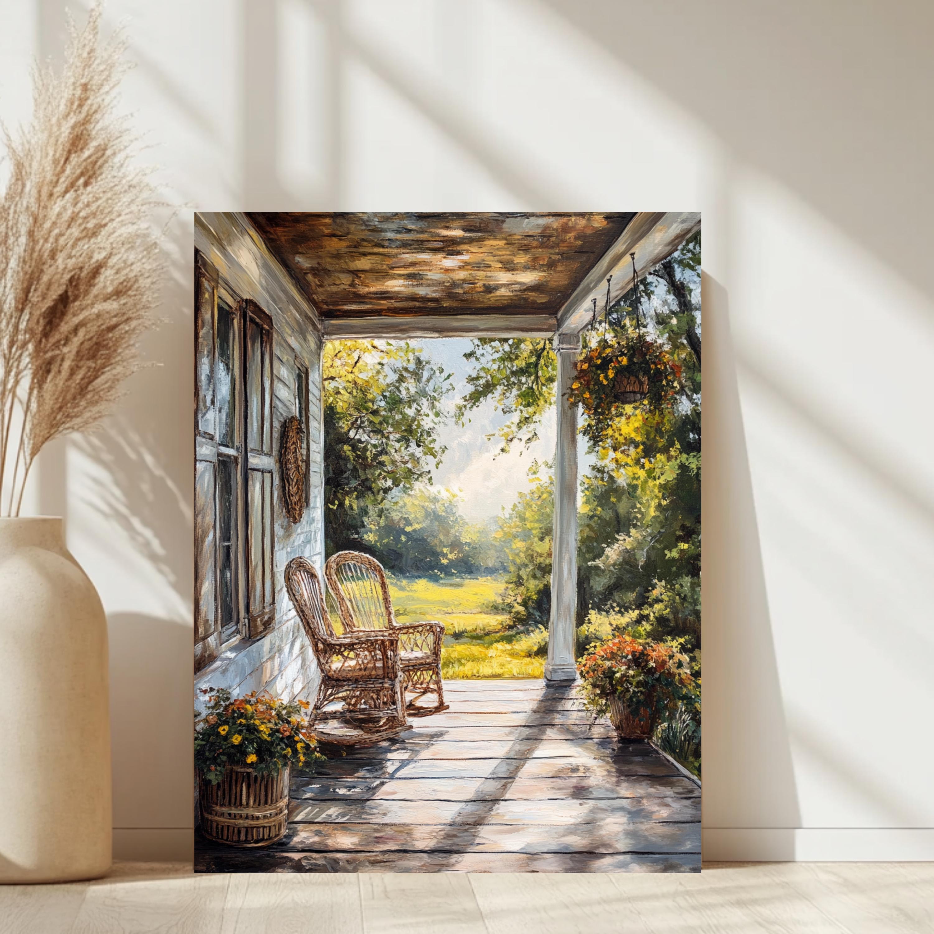 Rustic Porch Wall Art, Wooden Framed Canvas, Rustic Country Wicker Chair Print, Farmhouse Summer Veranda Decor, Cozy Country Home Accent
