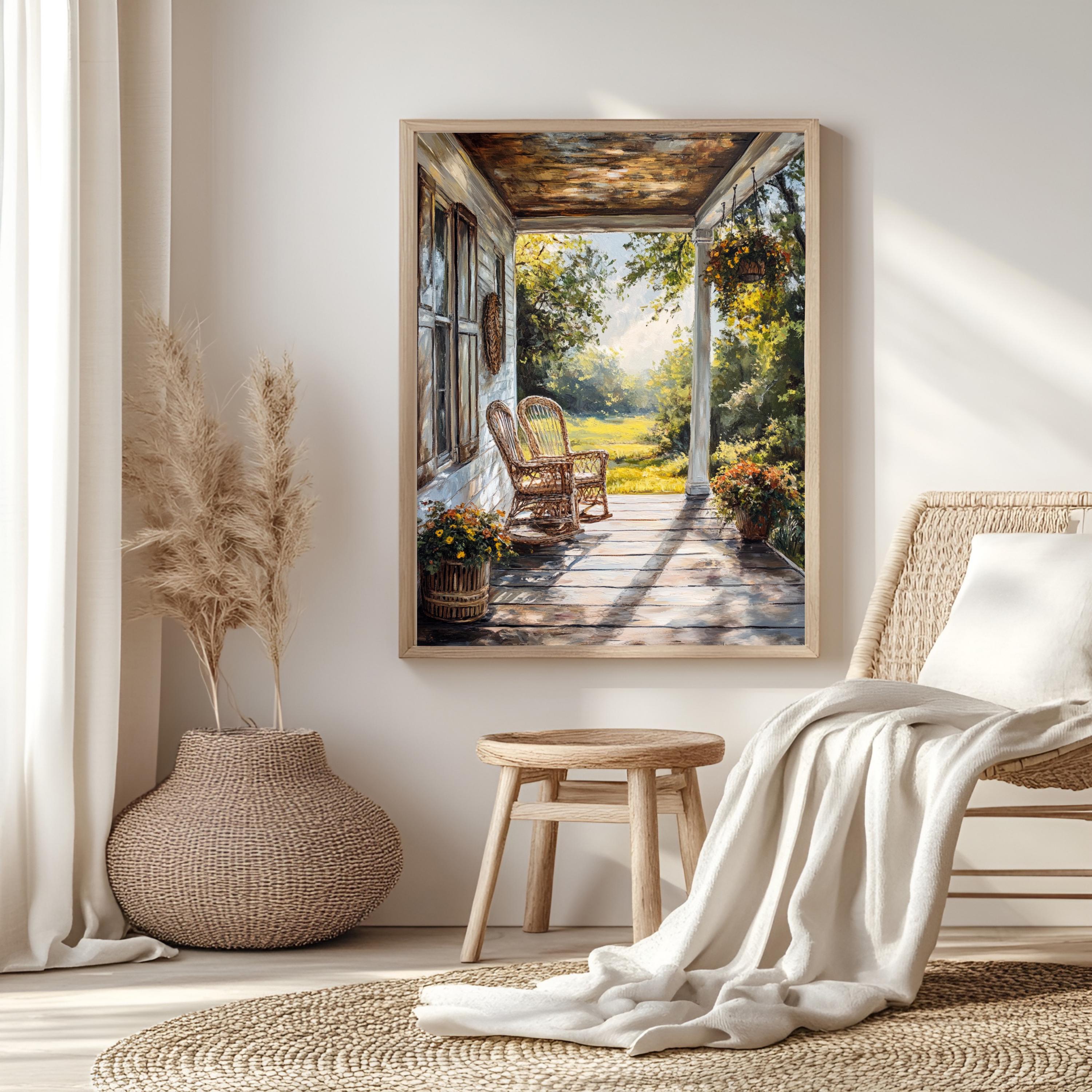 Rustic Porch Wall Art, Wooden Framed Canvas, Rustic Country Wicker Chair Print, Farmhouse Summer Veranda Decor, Cozy Country Home Accent