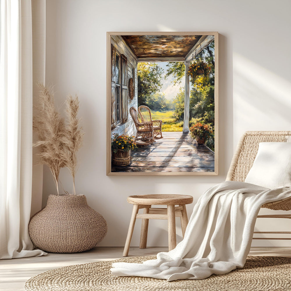Rustic Porch Wall Art, Wooden Framed Canvas, Rustic Country Wicker Chair Print, Farmhouse Summer Veranda Decor, Cozy Country Home Accent