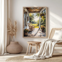 Rustic Porch Wall Art, Wooden Framed Canvas, Rustic Country Wicker Chair Print, Farmhouse Summer Veranda Decor, Cozy Country Home Accent