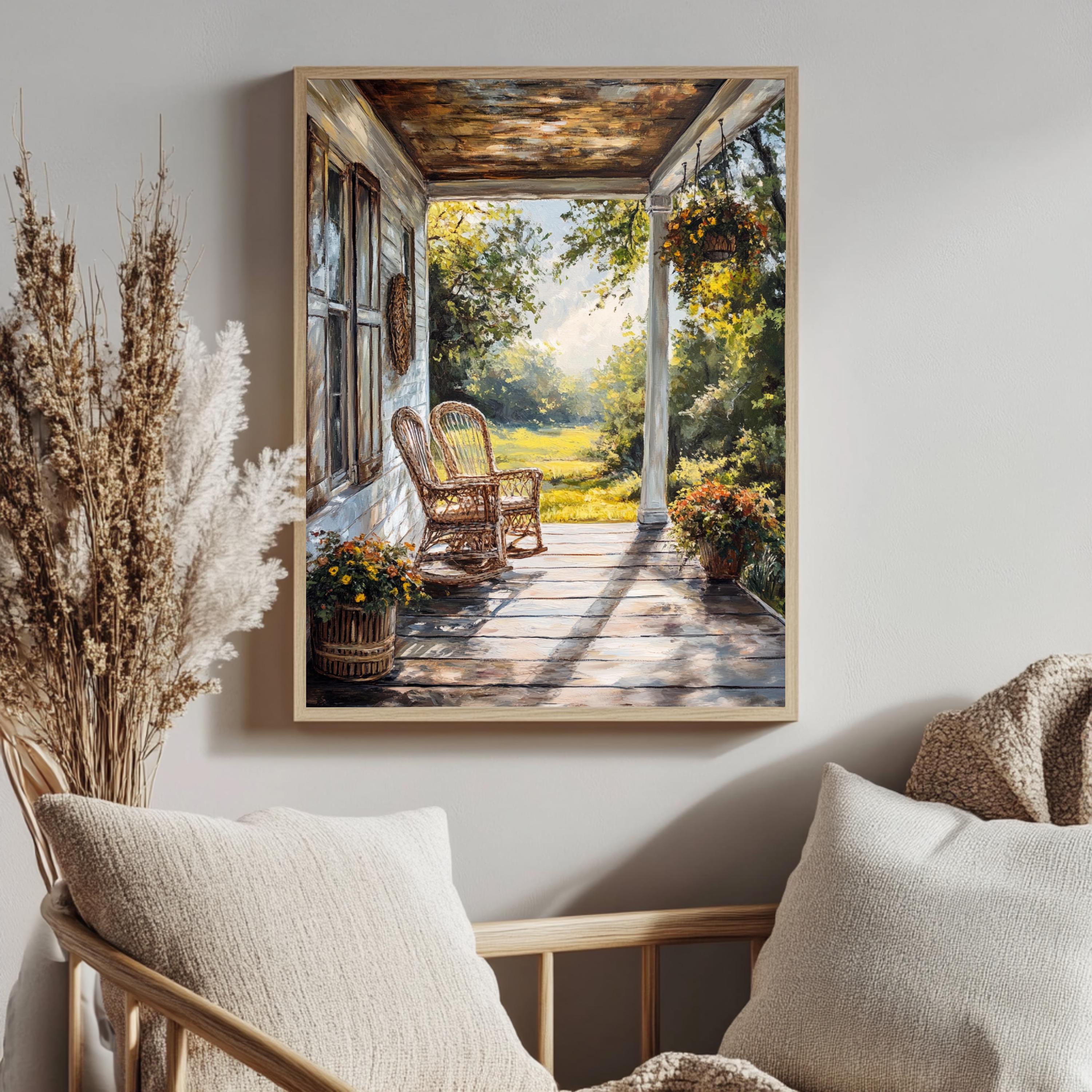 Rustic Porch Wall Art, Wooden Framed Canvas, Rustic Country Wicker Chair Print, Farmhouse Summer Veranda Decor, Cozy Country Home Accent