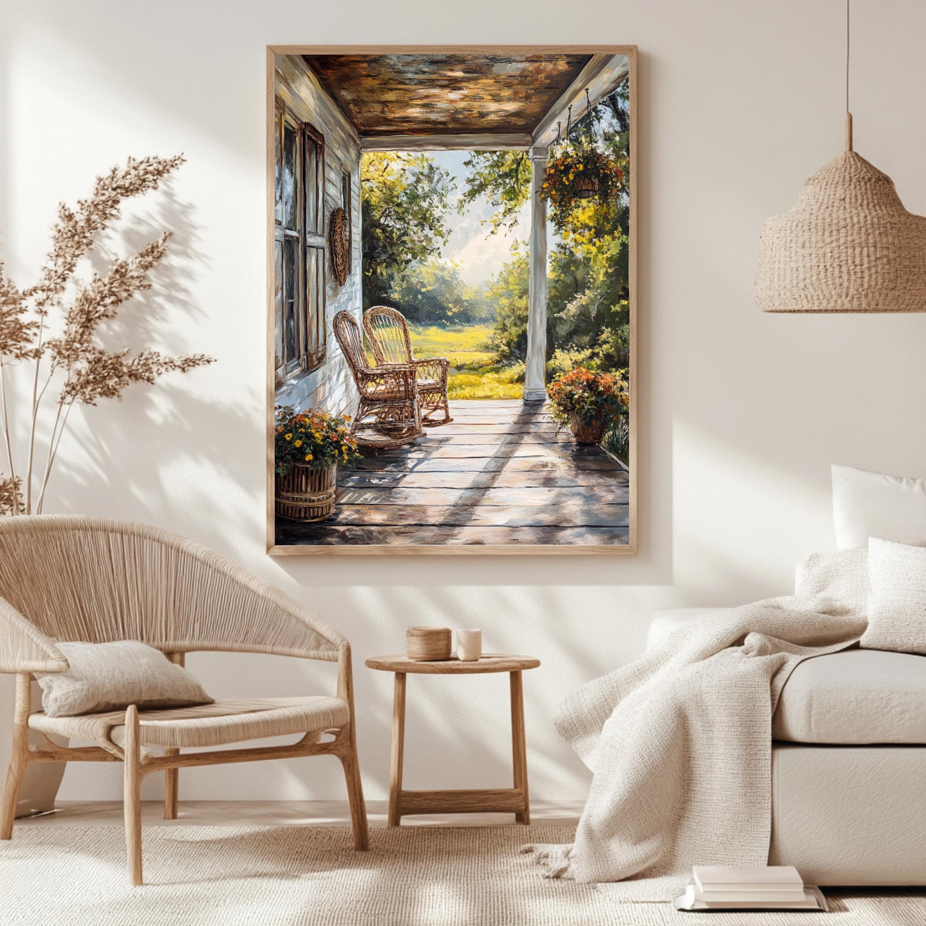 Rustic Porch Wall Art, Wooden Framed Canvas, Rustic Country Wicker Chair Print, Farmhouse Summer Veranda Decor, Cozy Country Home Accent
