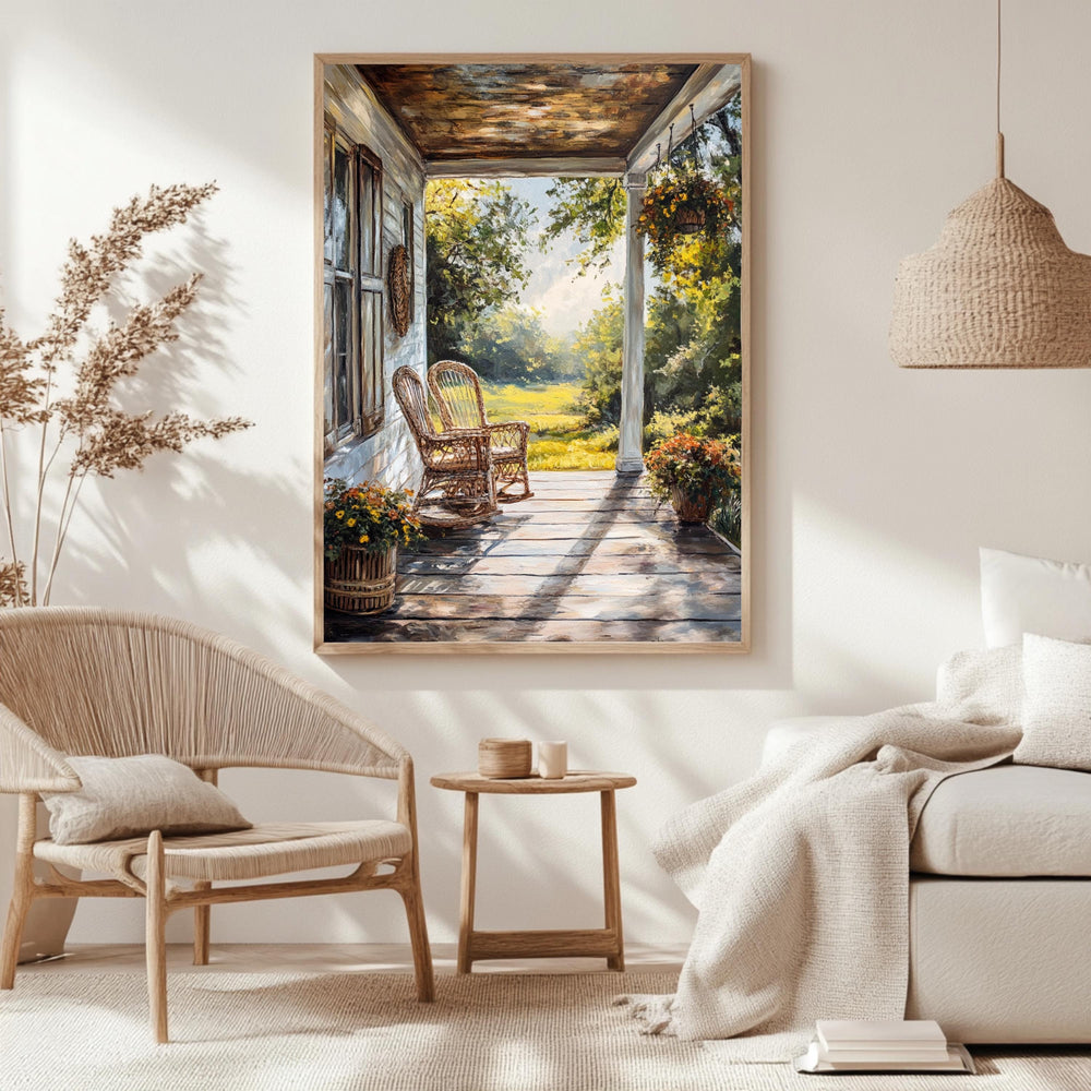 Rustic Porch Wall Art, Wooden Framed Canvas, Rustic Country Wicker Chair Print, Farmhouse Summer Veranda Decor, Cozy Country Home Accent