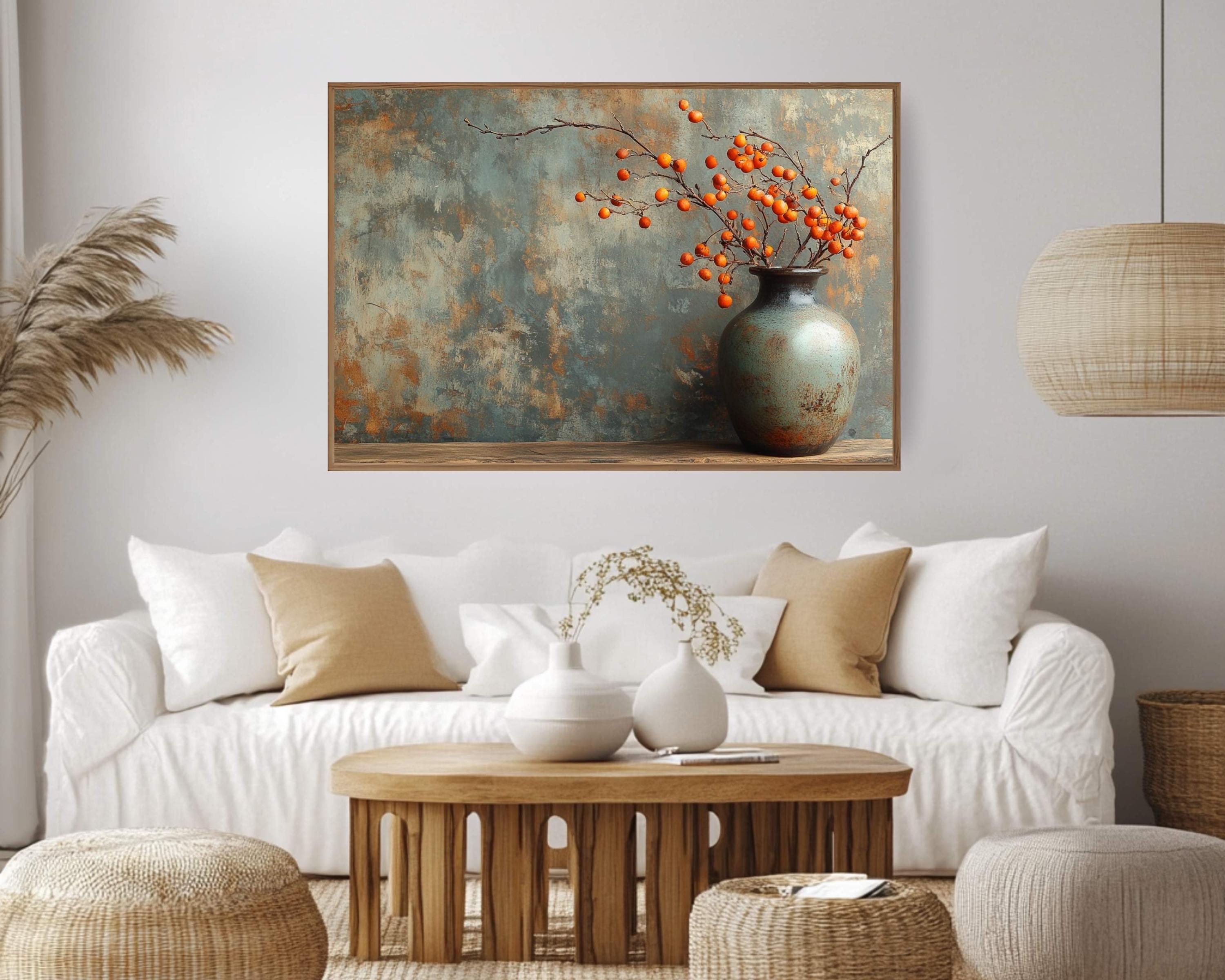 Orange Bittersweet Berries Canvas Wall Art, Moody Autumn Still Life Print, Farmhouse Country Print, Rustic Vase Fall Print,