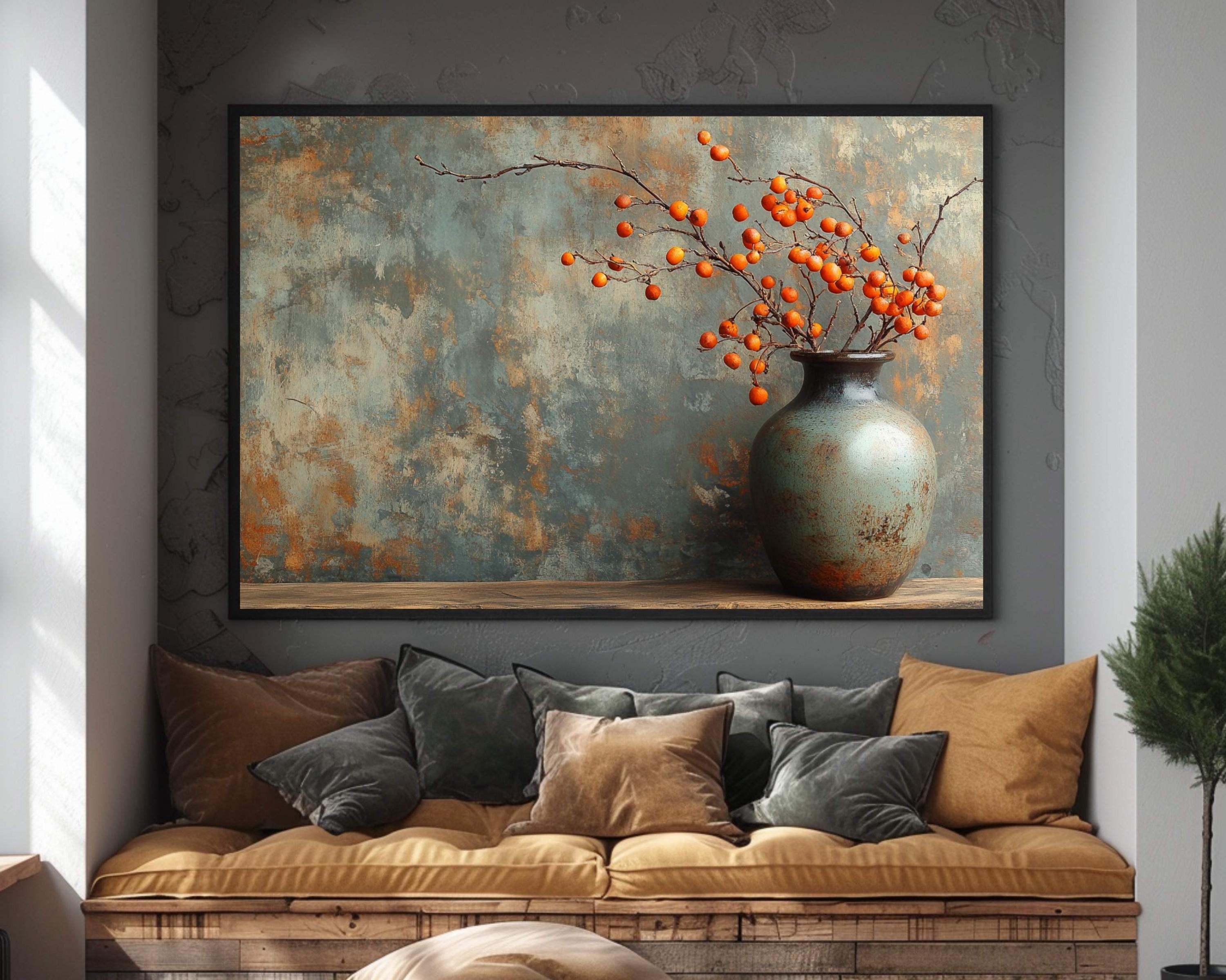 Orange Bittersweet Berries Canvas Wall Art, Moody Autumn Still Life Print, Farmhouse Country Print, Rustic Vase Fall Print,
