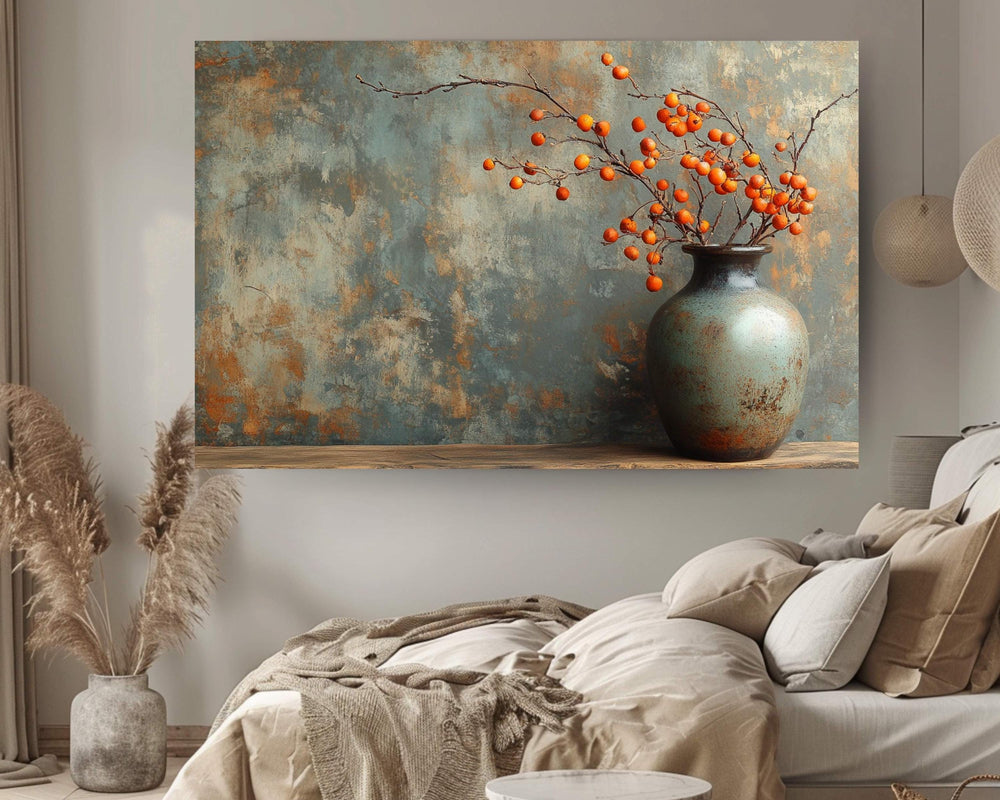 Orange Bittersweet Berries Canvas Wall Art, Moody Autumn Still Life Print, Farmhouse Country Print, Rustic Vase Fall Print,