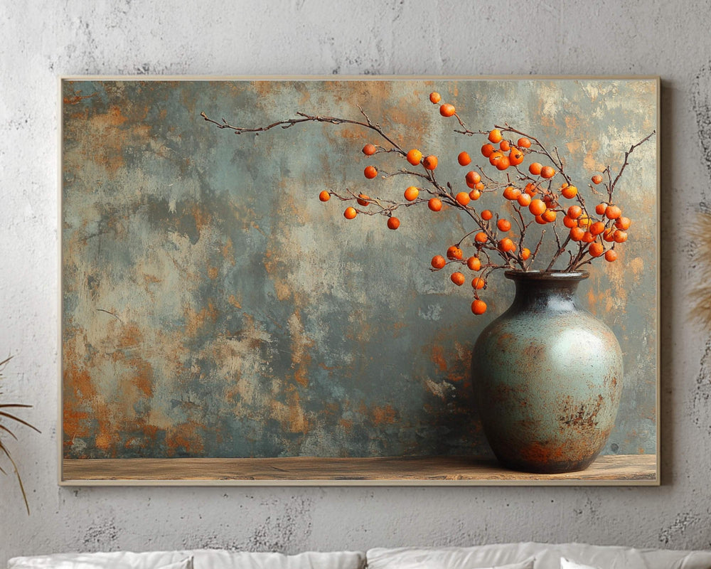 Orange Bittersweet Berries Canvas Wall Art, Moody Autumn Still Life Print, Farmhouse Country Print, Rustic Vase Fall Print,