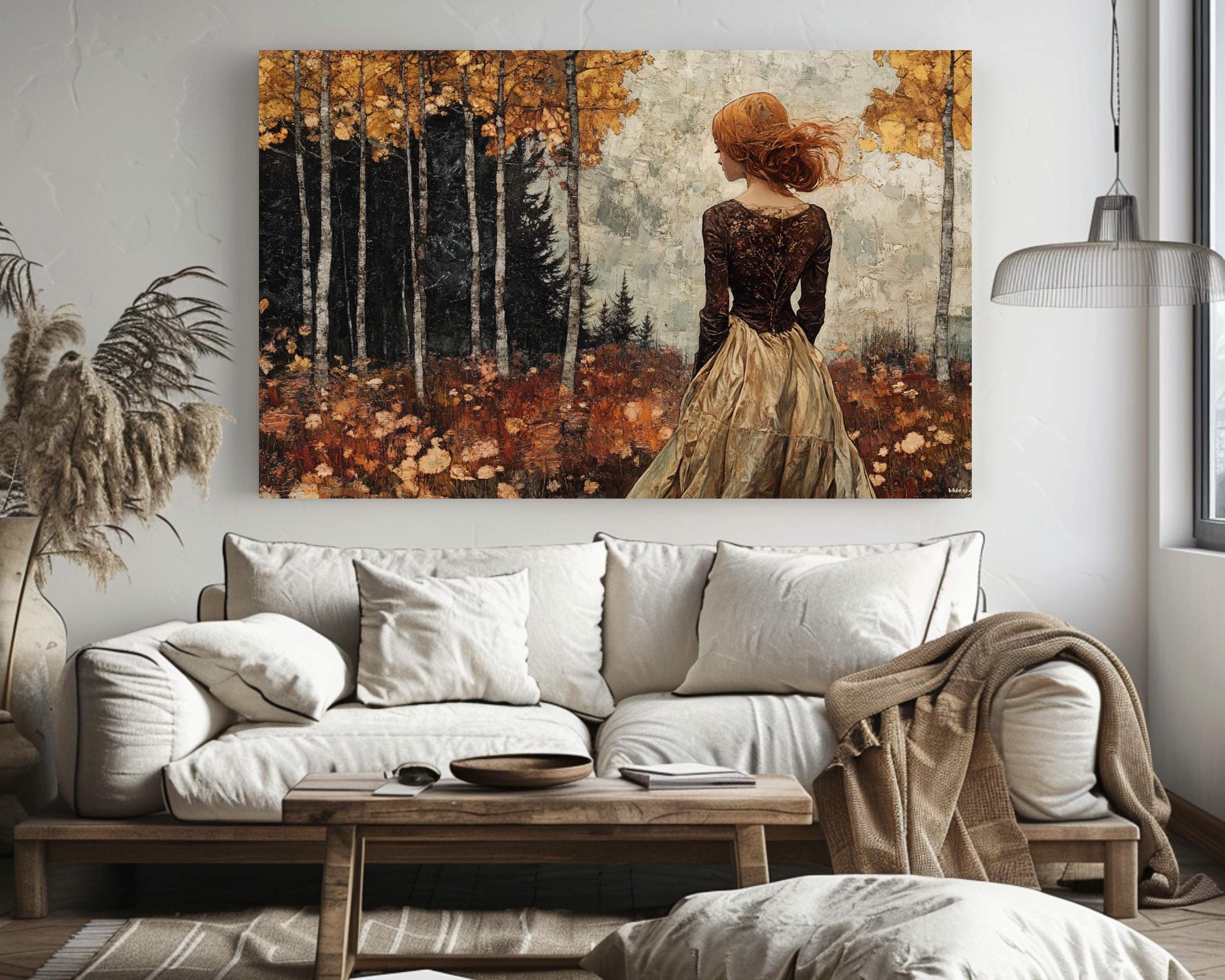 Woman in Autumn Forest Wall Art – Romantic Fall Landscape Painting, Rustic Golden Foliage Home Print, Rustic Fall Decor, Cozy Country Style
